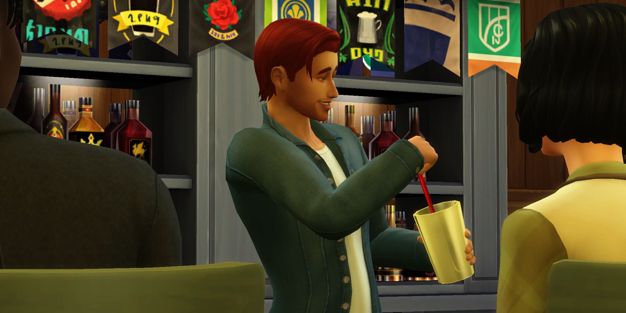 A Sim from The Sims 4 stiring a drink behind the bar