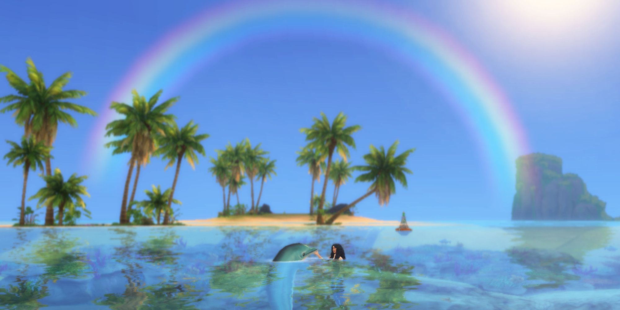 A Sim from the Sims 4 swimming in the ocean with a dolphin underneath a rainbow