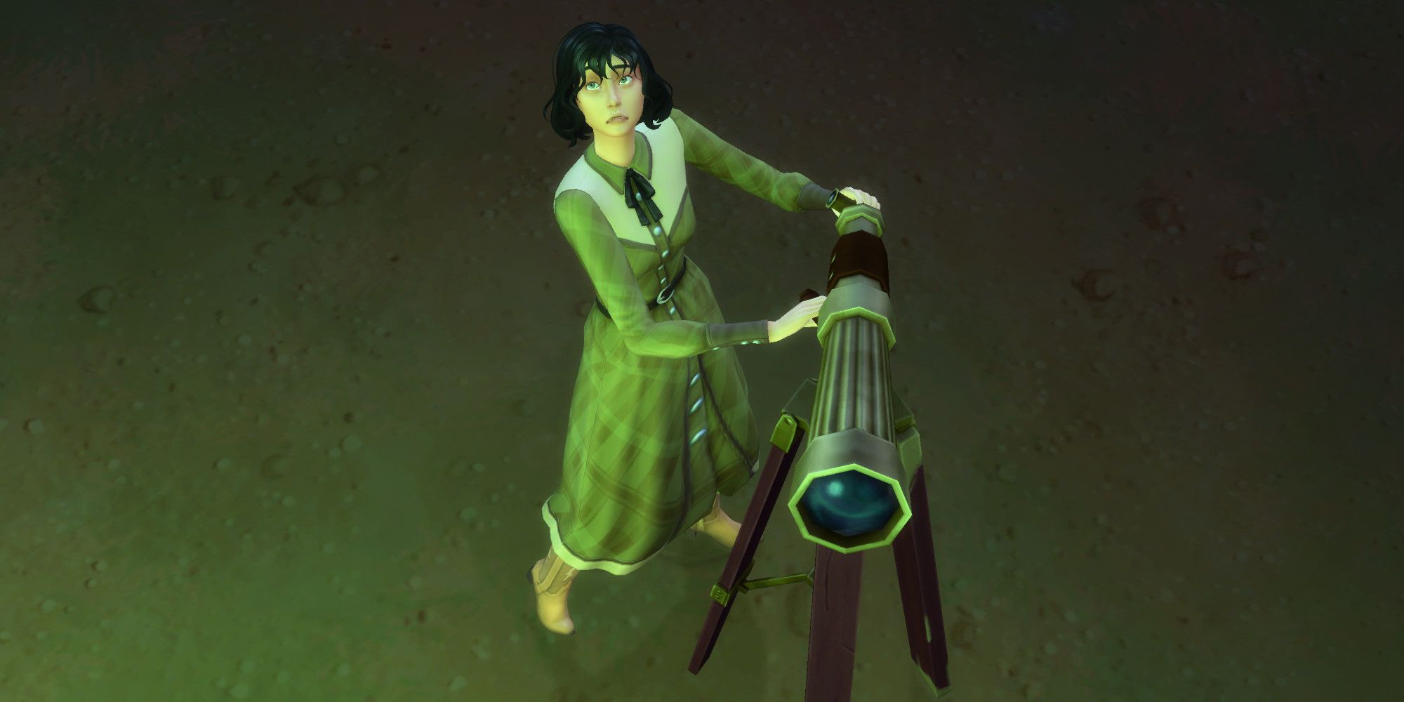 A Sim from the Sims 4 using a telescope, lit up by a green light