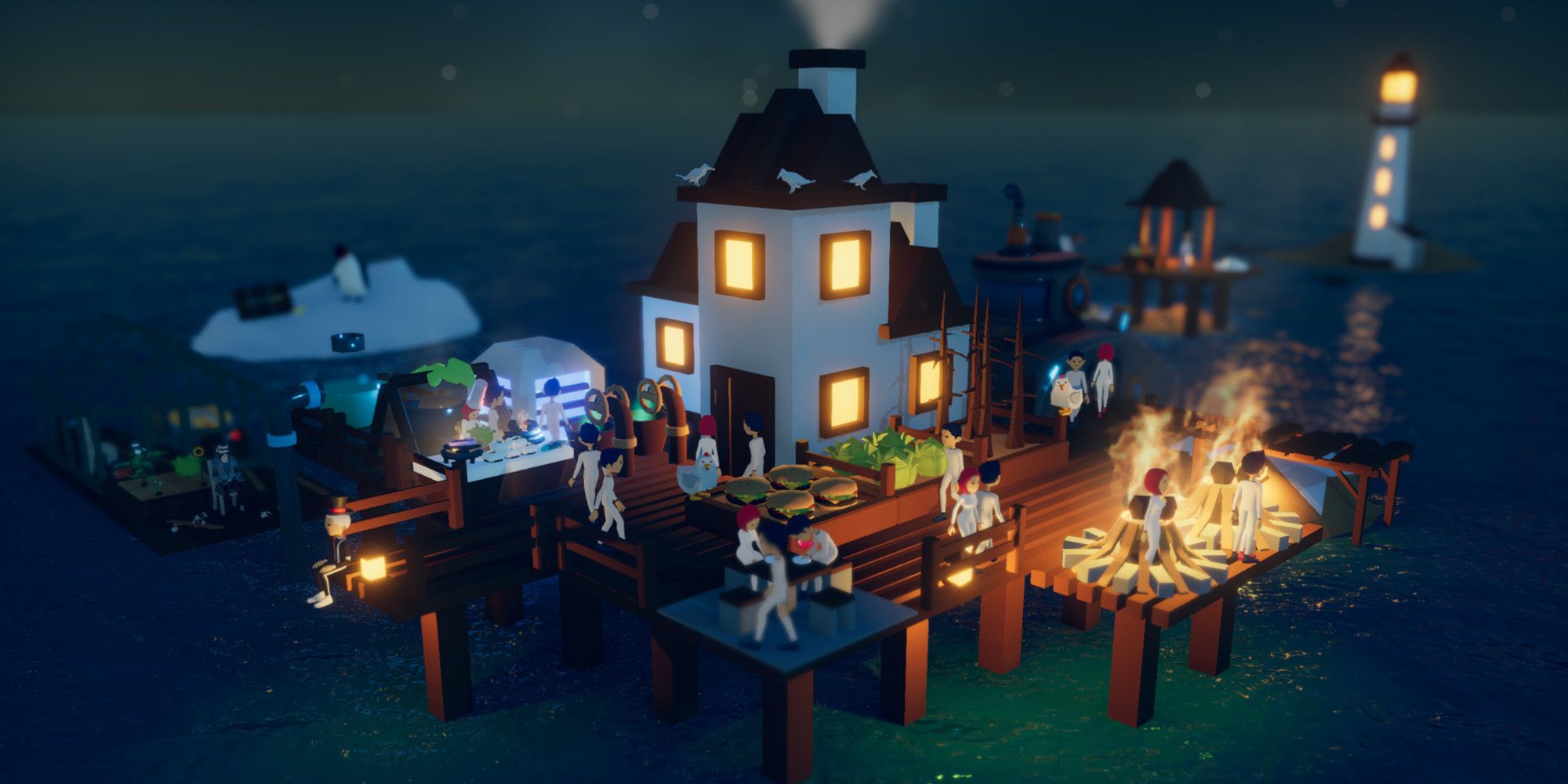 A town from Havendock at night with villagers working around a house