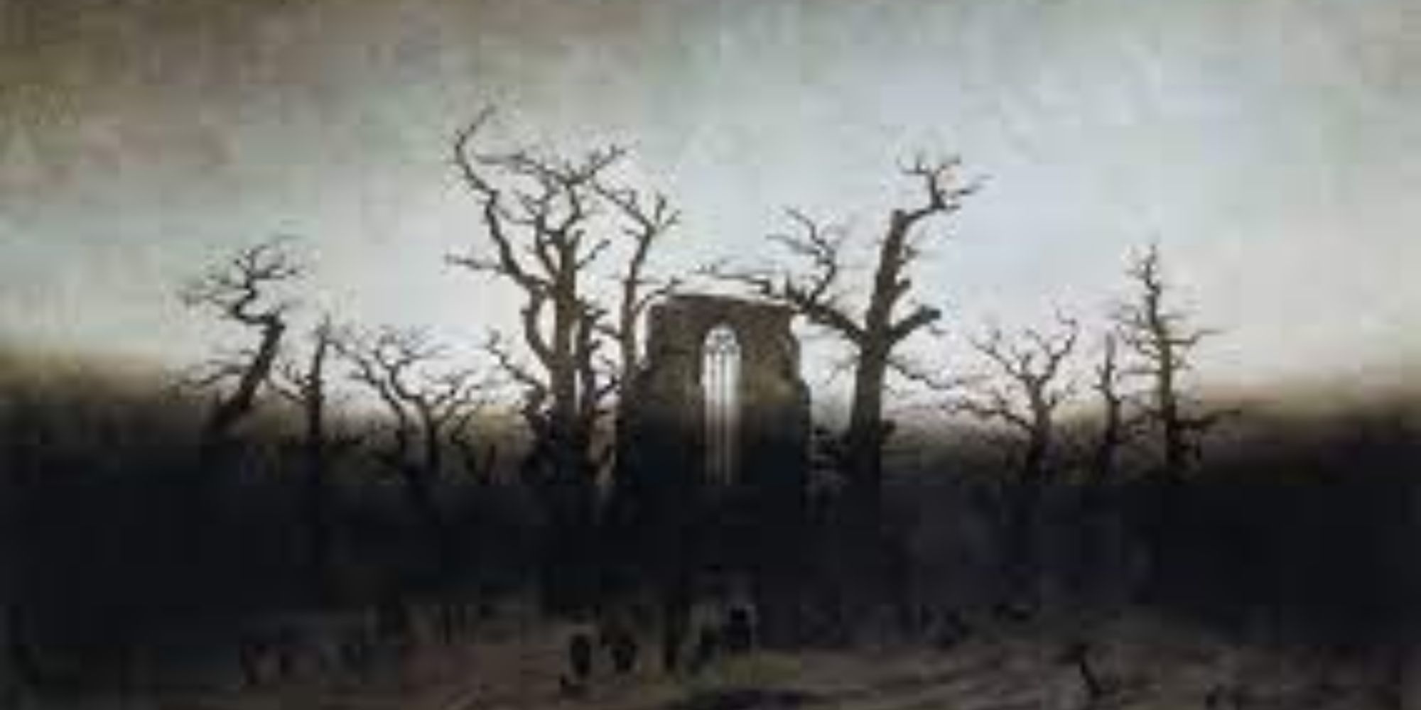 painting showing abbey ruins in a dark forest