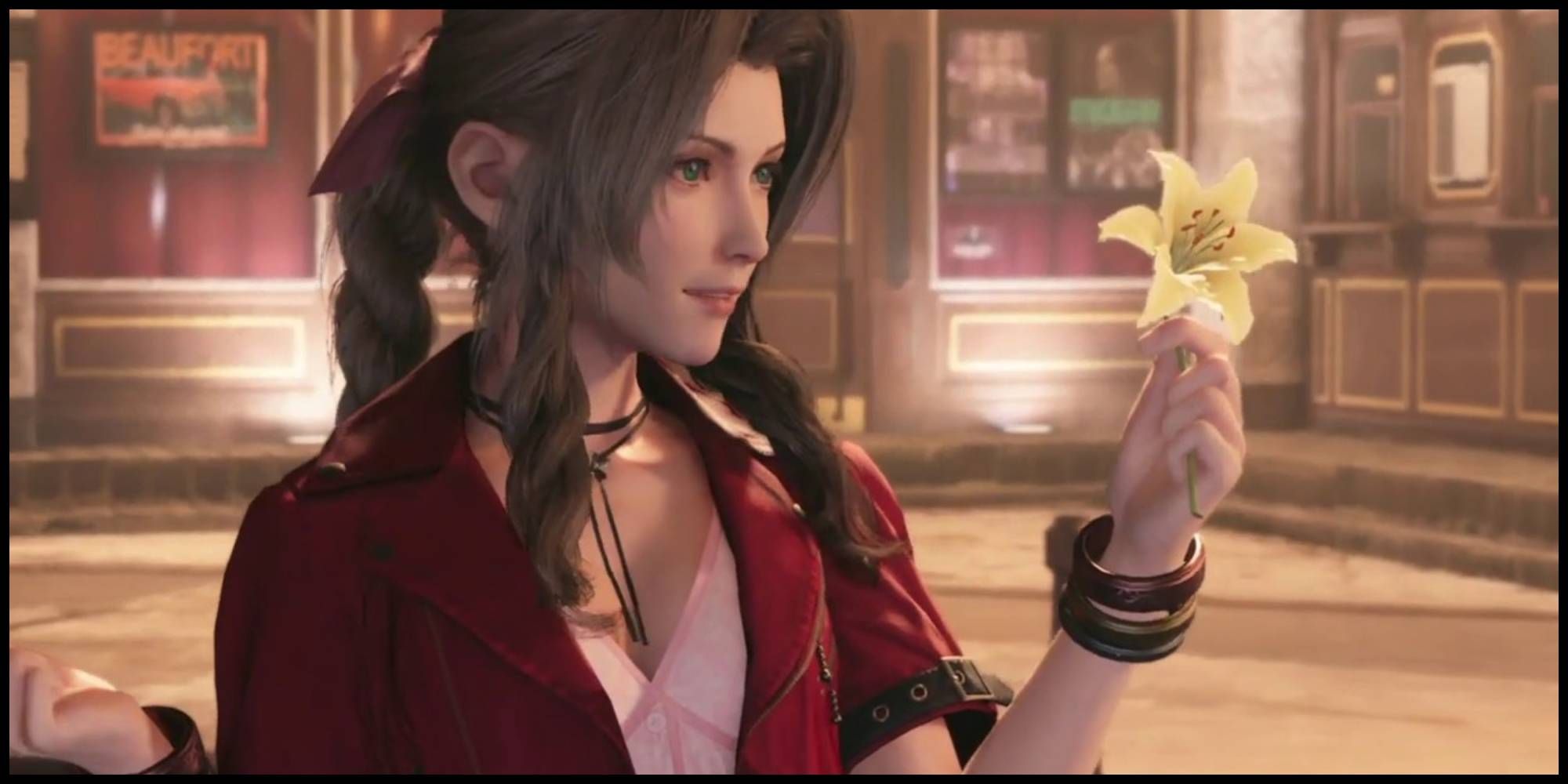 Aerith While Meeting Cloud For the First Time in Final Fantasy 7 Remake