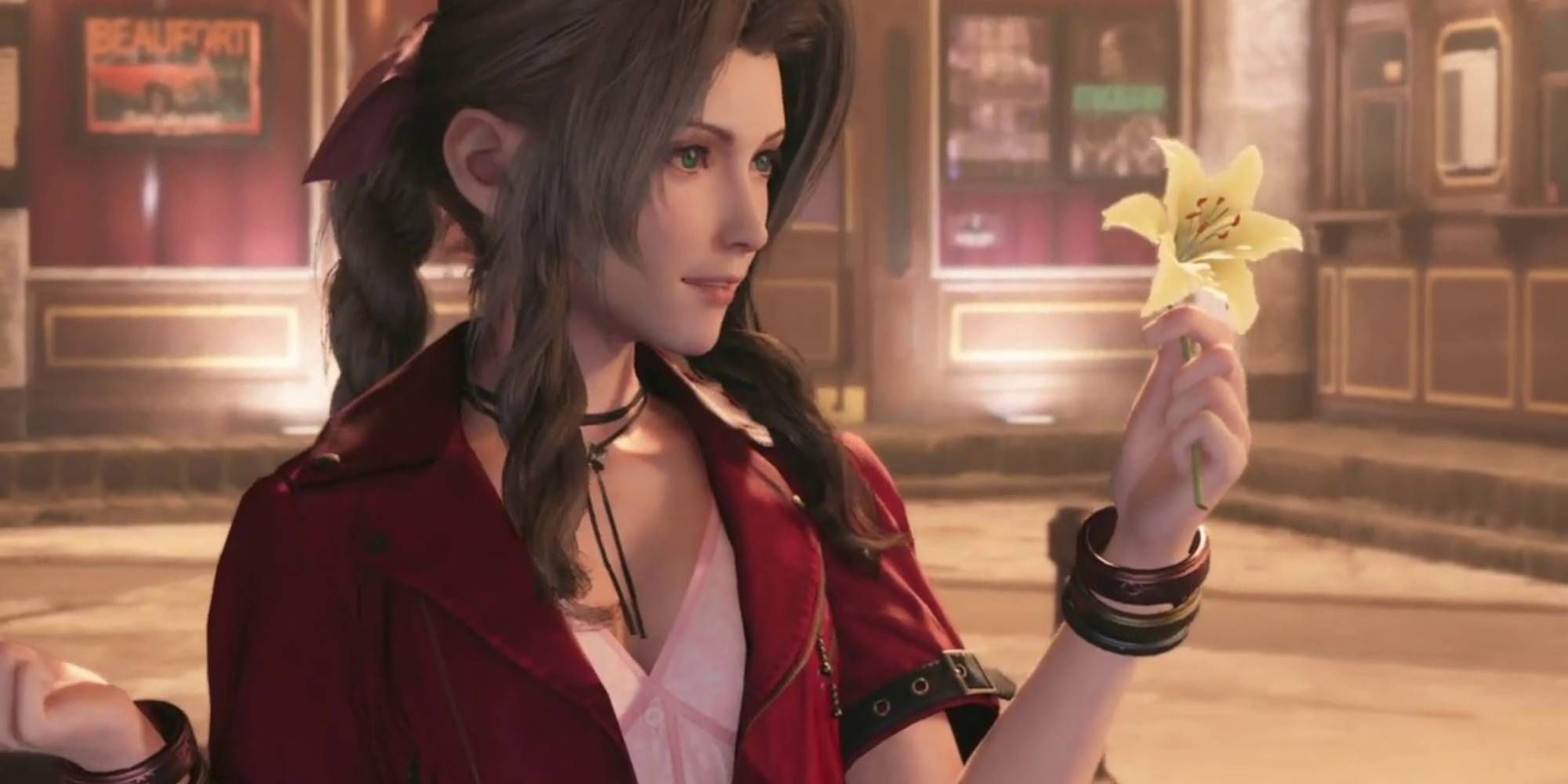 Aerith during her first encounter with Cloud in Final Fantasy 7 Remake