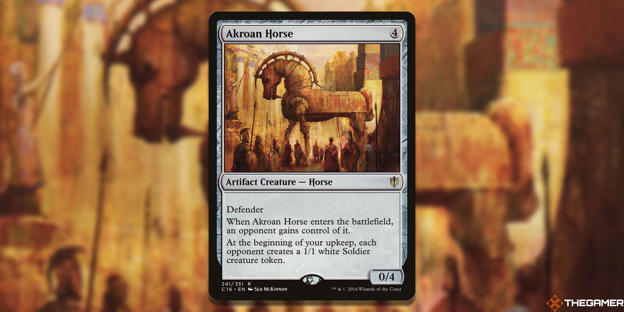 An image of the Akroan Horse card in Magic: The Gathering, with artwork by Seb McKinnon