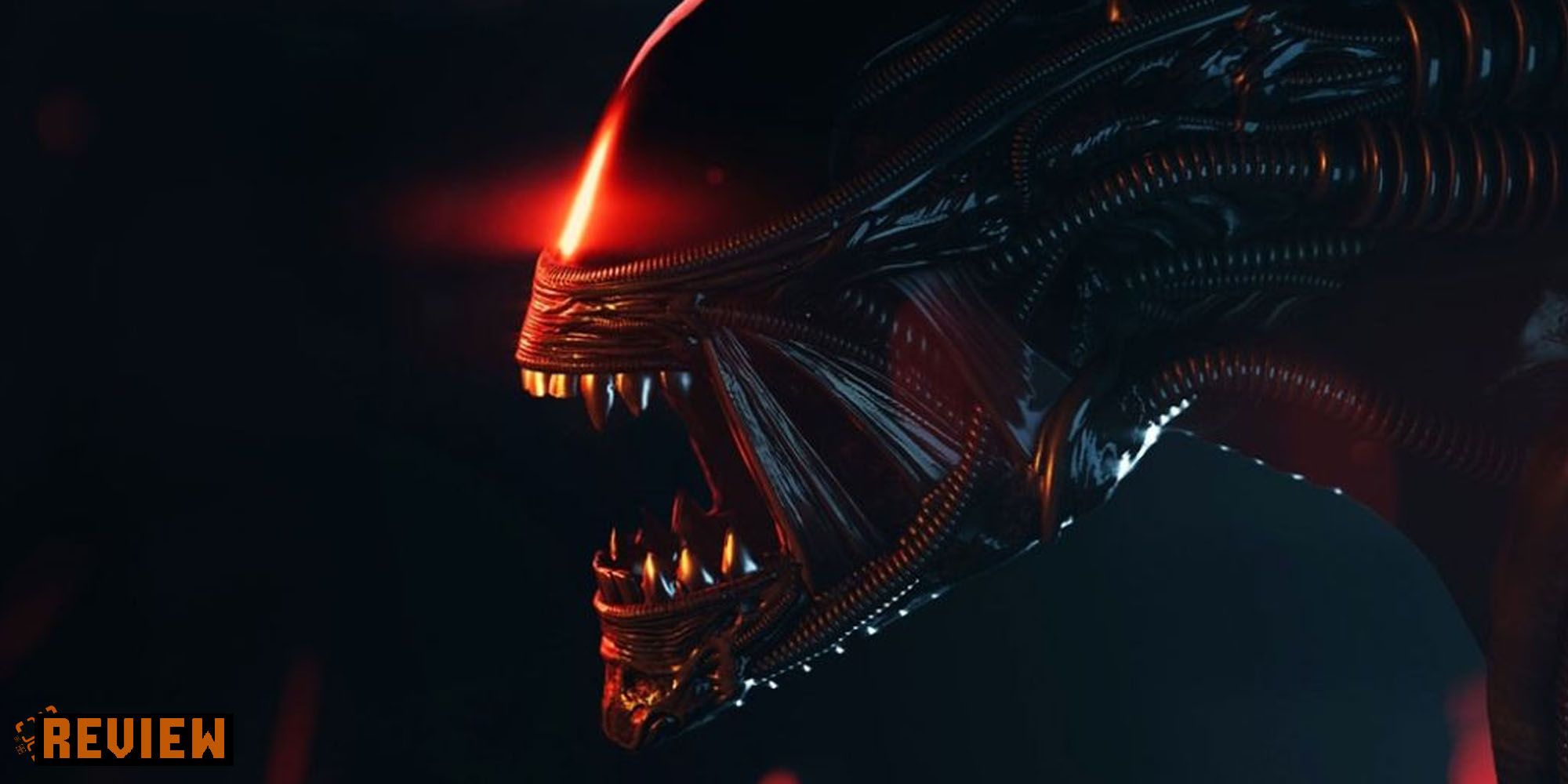 Xenomorph from Aliens: Dark Descent opening its mouth with the word 'Review' in the bottom left corner