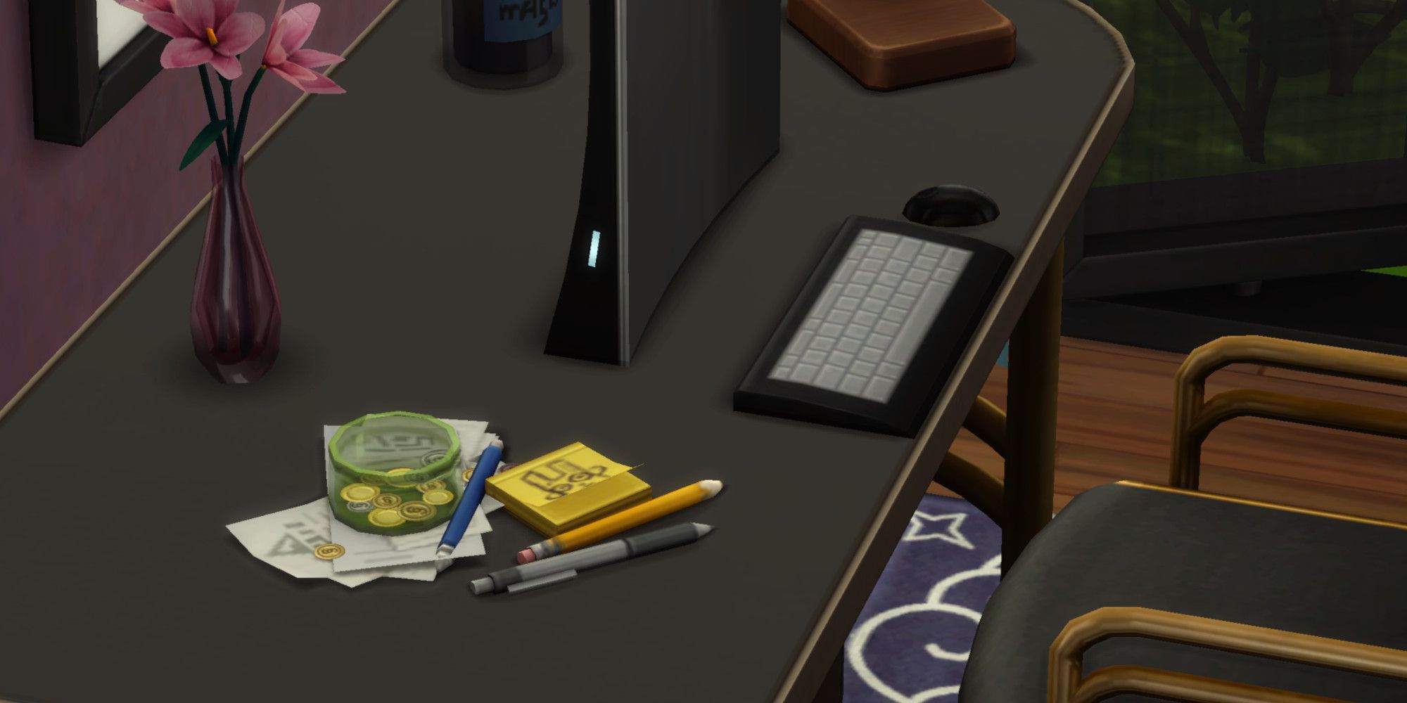 An office desk in the Sims 4, with the camera focused on a pile of notes and pens next to the computer