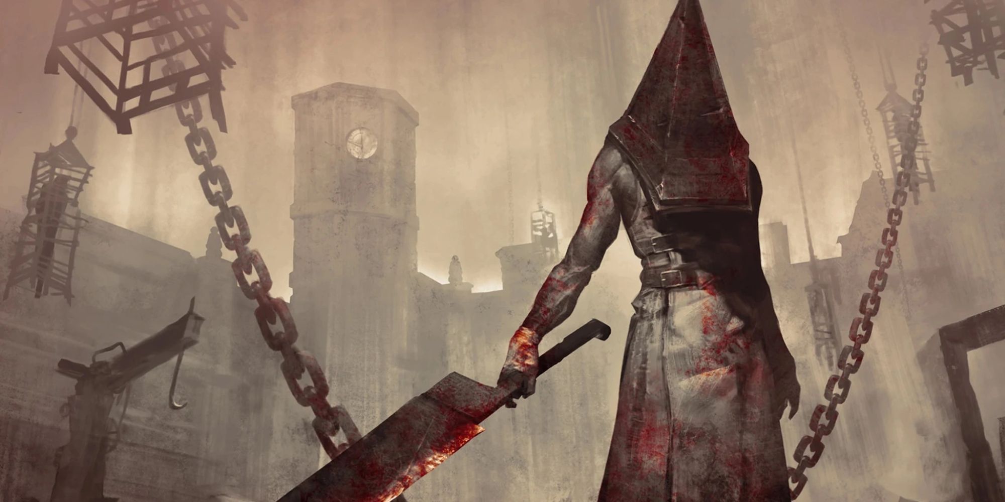 Pyramid Head with large weapon in a dreary landscape