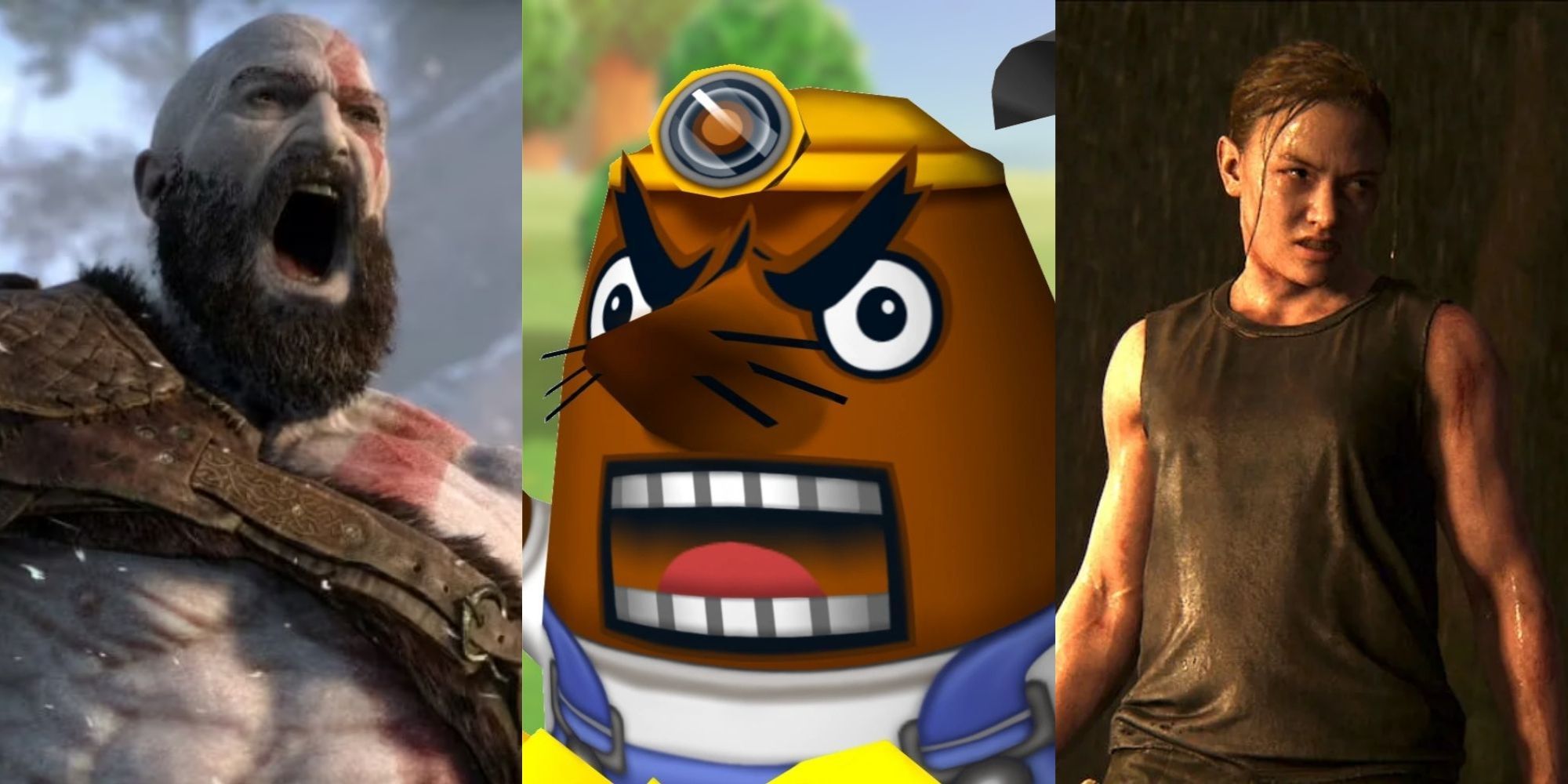 Kratos from God of War, Resetti from Animal Crossing, Abby from Last of Us