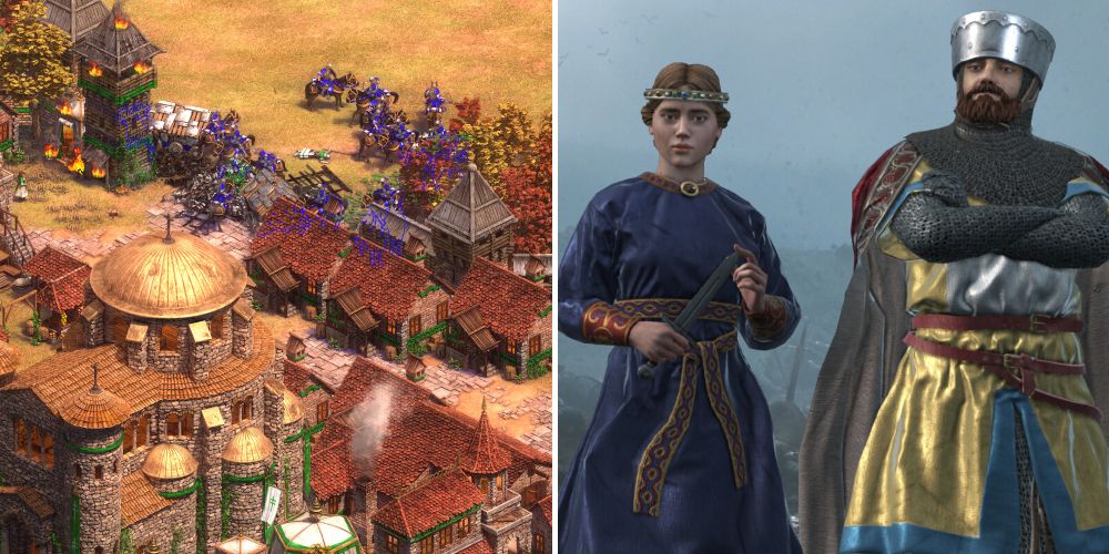 a battle from age of empires 2 next to a pair of characters at a tournement in crusader kings 3