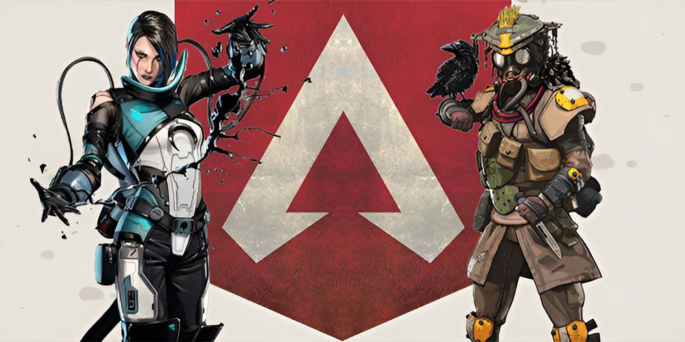 Two Apex Legends characters standing next to each other with the logo in the background.  These characters are Catalyst, a transgender witch who performs magic with black goo, and Bloodhound, a non-binary hunter who uses his arm as a raven perch.