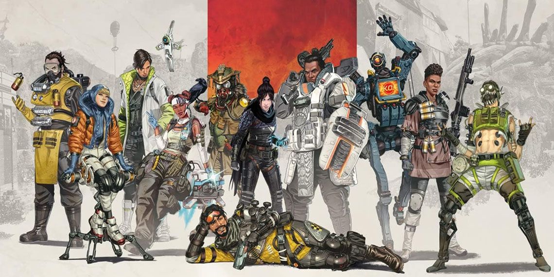 The cast of Apex Legends all together, posing in iconic fashions that show a part of their personality. They're posed against a red and white backdrop that shows off two of the game's maps.