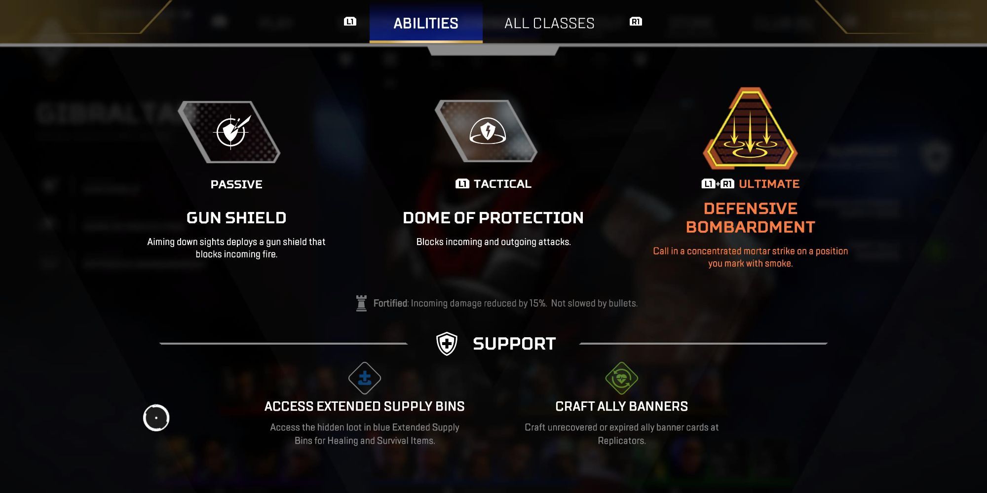 Legend menu showing Gibraltar's abilities and class perks as a Support in Apex Legends