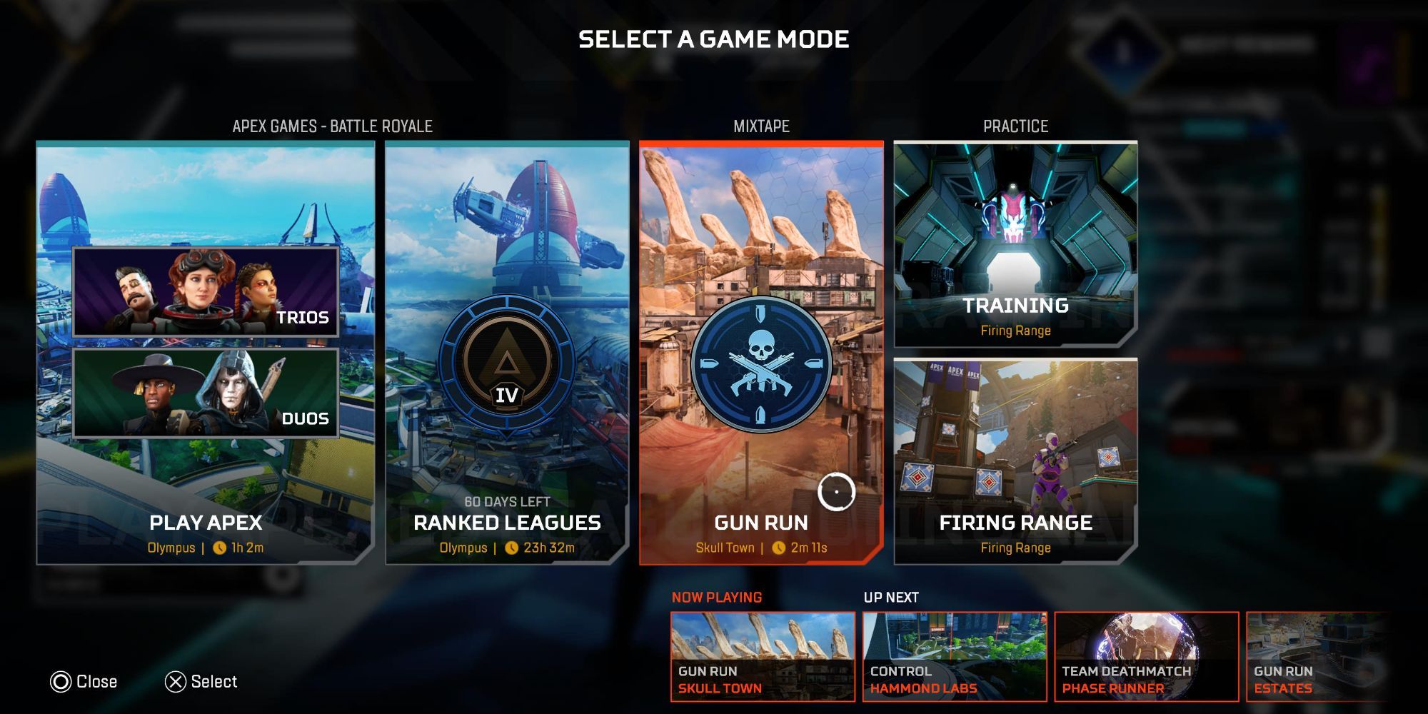 The game mode menu showing Mixtape mode with Gun Run highlighted in Apex Legends
