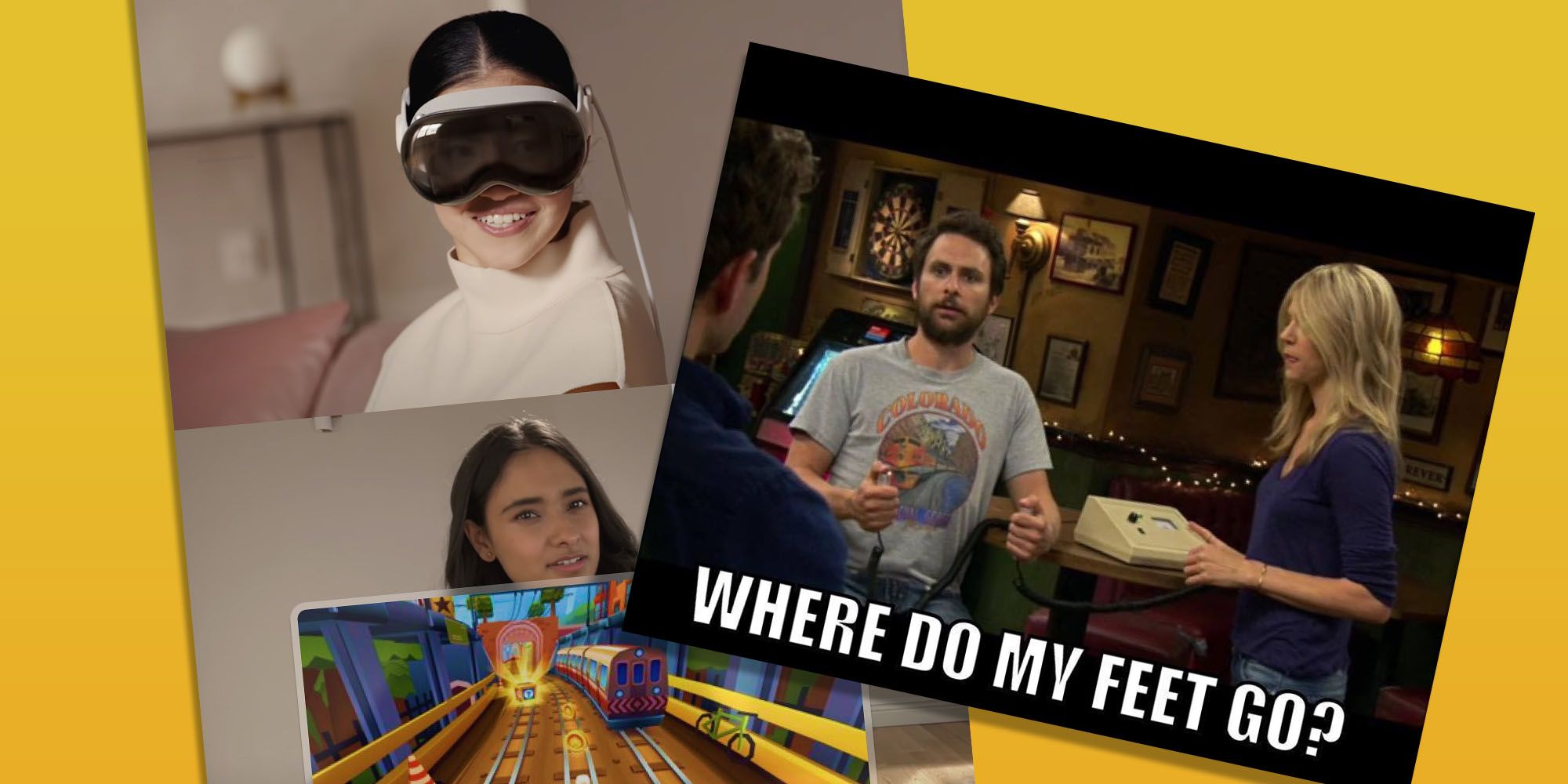 Apple Glasses memes, left showing the user watching TikTok games while listening to their friend, right showing Charlie from It's Always Sunny in Philadelphia asking Dee 