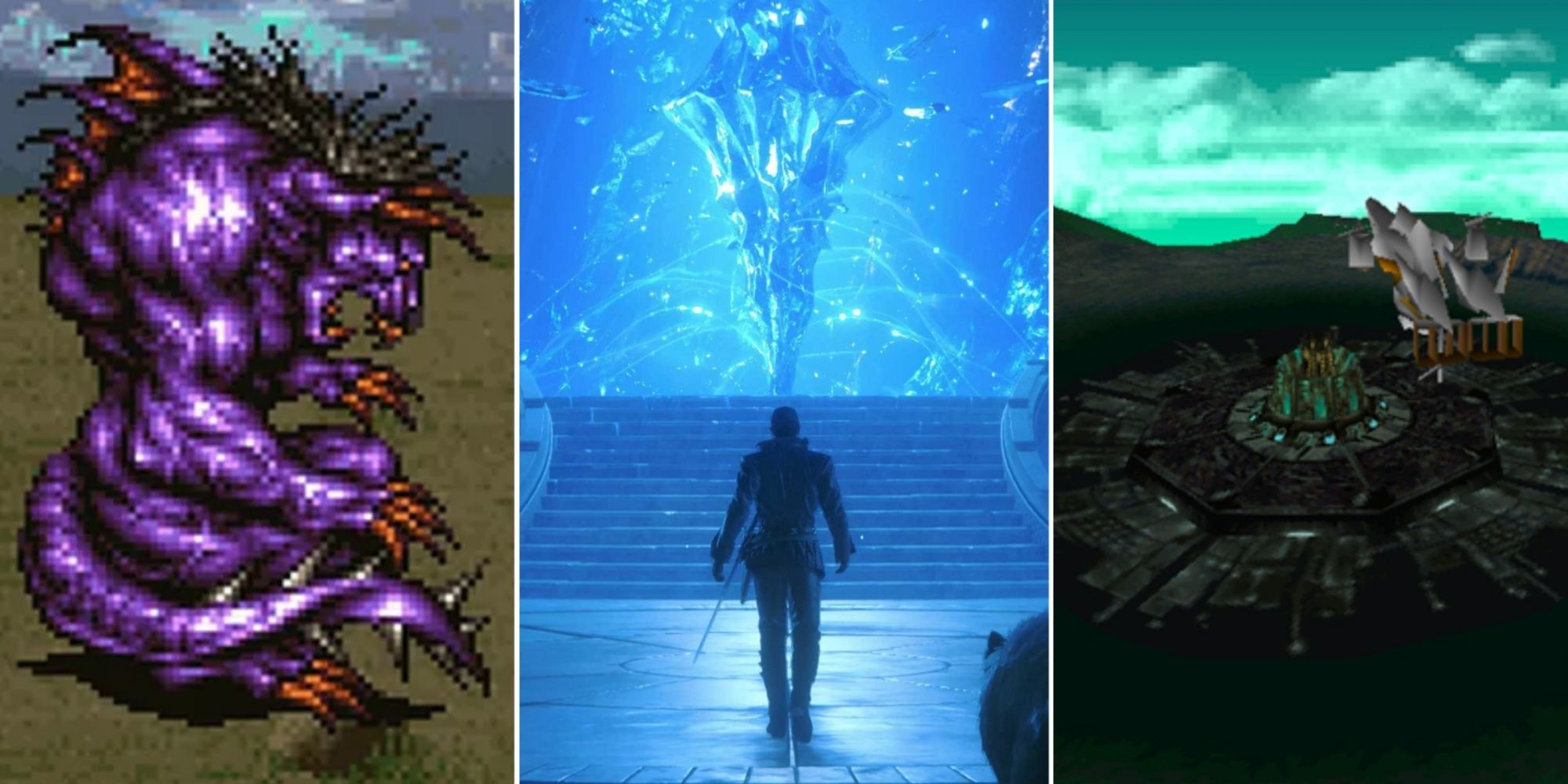 Are The Final Fantasy Games Connected Collage - Behemoth from FF6 on left, Crystal from FF16 in the center, and airship from FF7 flying over Midgar on right