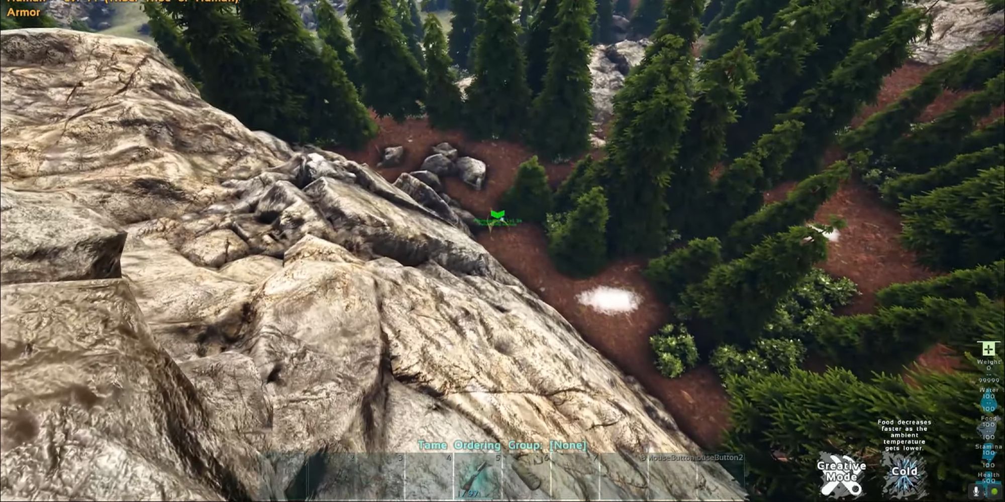 ark survival evolved extended hud arrow over dino that is down a cliff face