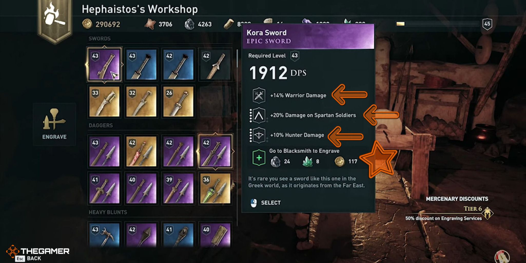 A screenshot showing the Epic weapon Kora Sword, different engraving options, and their costs.