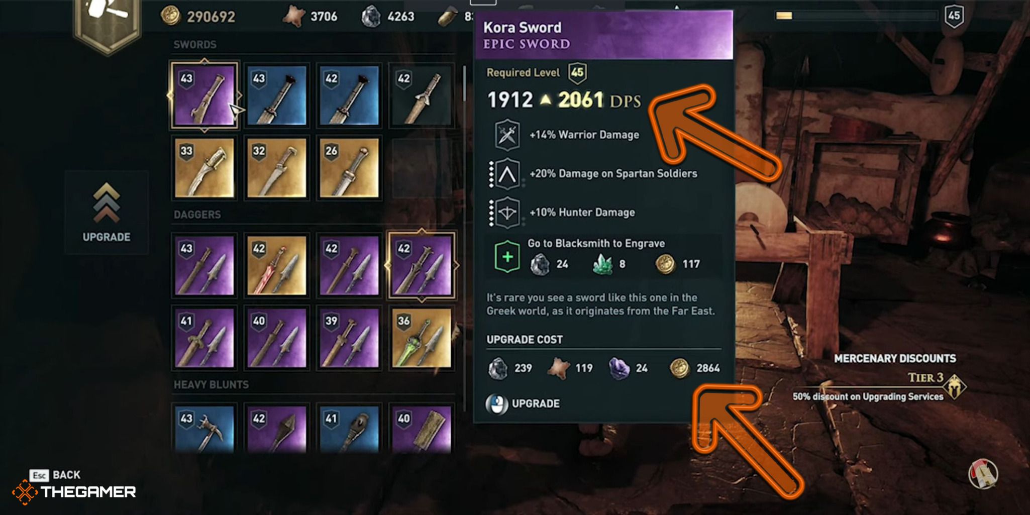 A screenshot showing the Epic weapon Kora Sword and its upgrade costs.