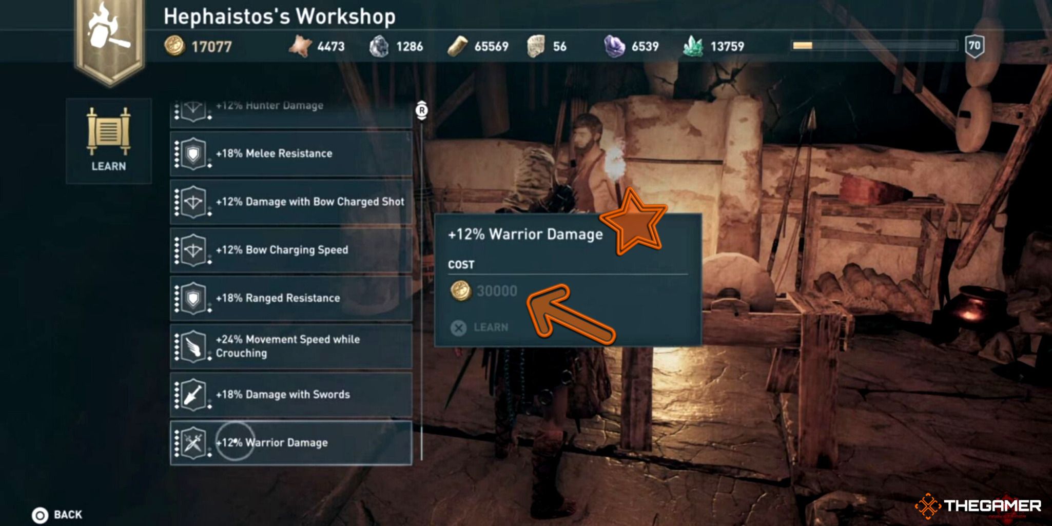A screenshot showing the Warrior Damage boost at Hepahistos's Workshop.