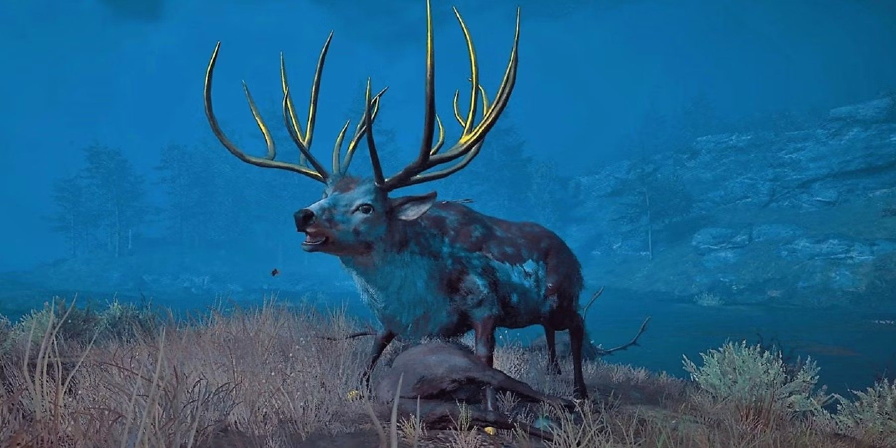 Assassin's Creed Valhalla reindeer by prey in dark wilderness