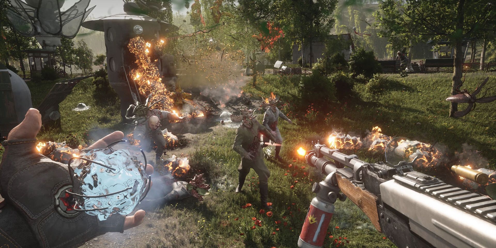 Image shows the player shooting enemies with a gun