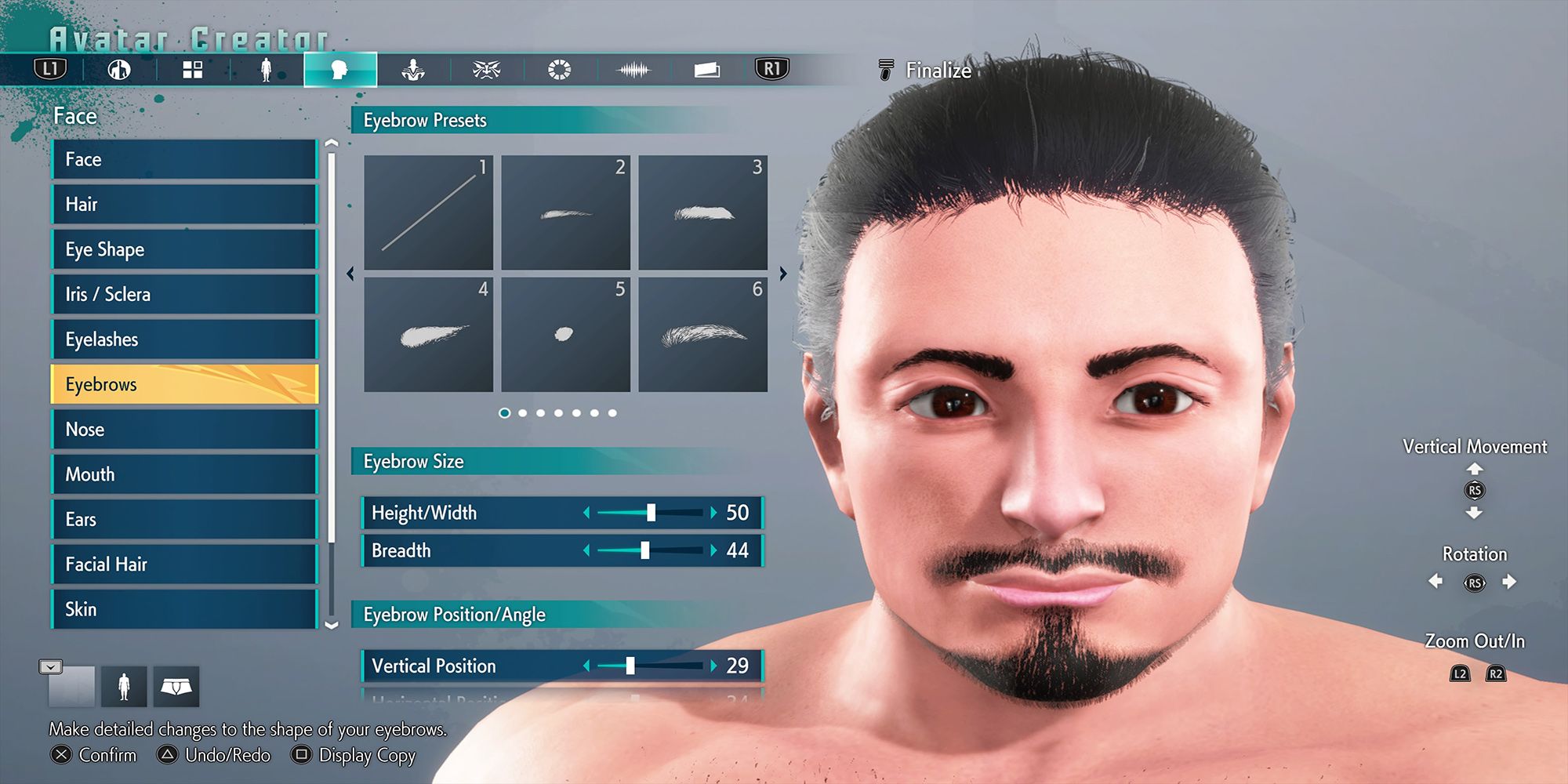 The Eyebrow Settings menu from Street Fighter 6's avatar creator.