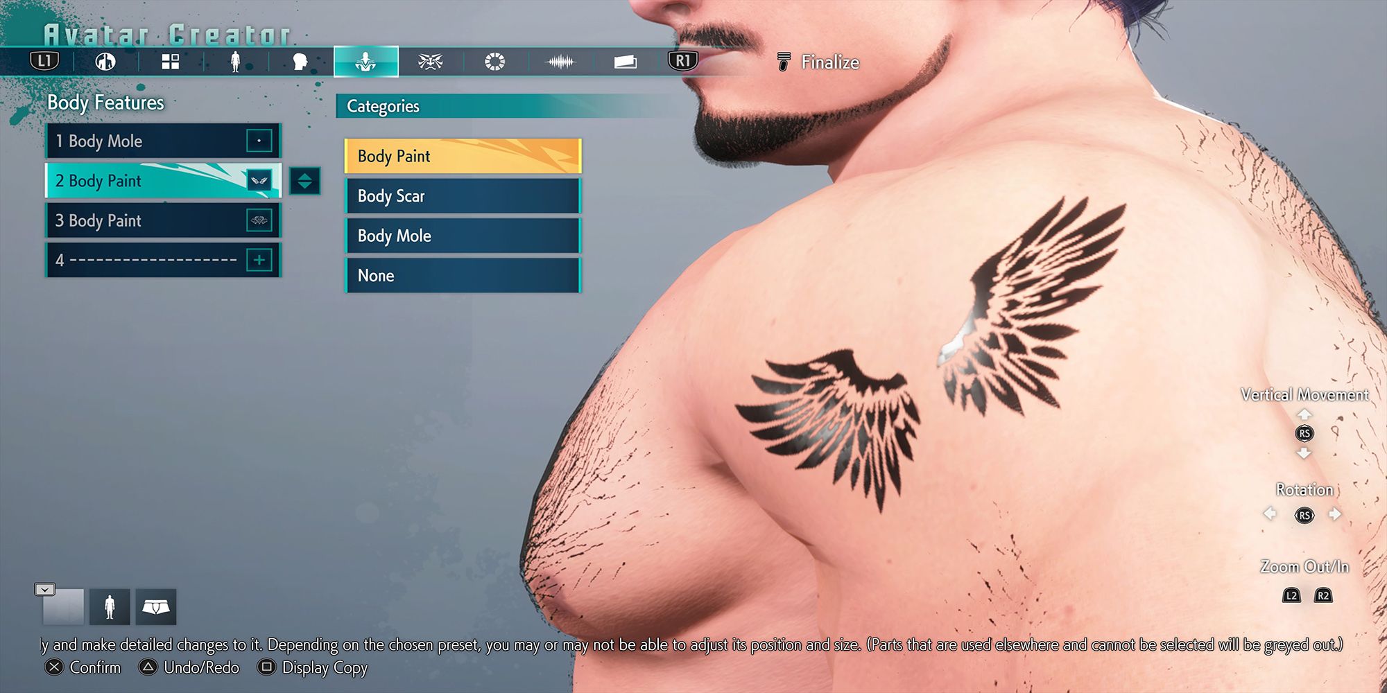 Chris Sanfilippo's avatar gets a wing tattoo on his arm in Street Fighter 6's Avatar Body Feature menu.