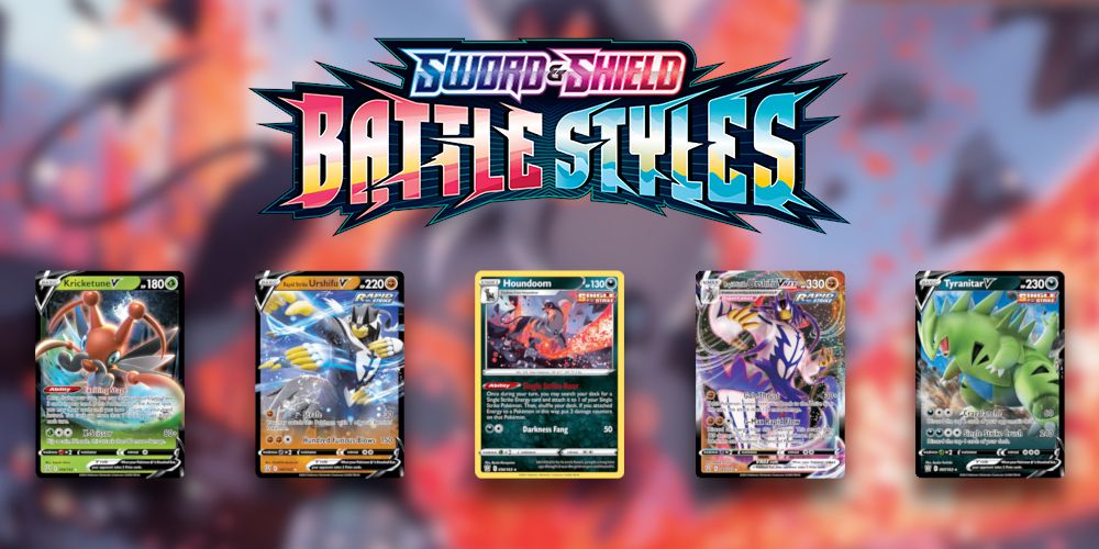 Battle Styles Logo with Kricketune V, Rapid Strike Urshifu V, Houndoom, Rapid Strike Urshifu VMAX, and Tyranitar V cards from Pokemon TCG