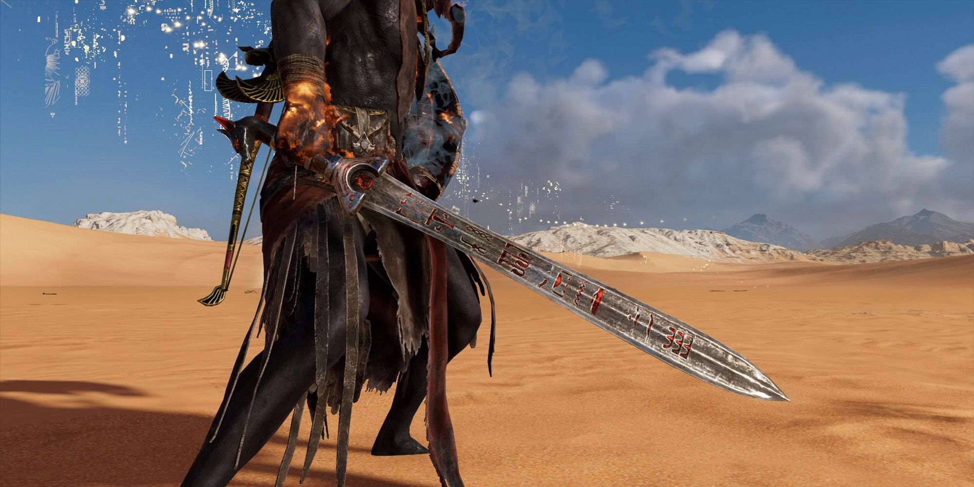 bayek of siwa walking in the desert holding the sword of duat