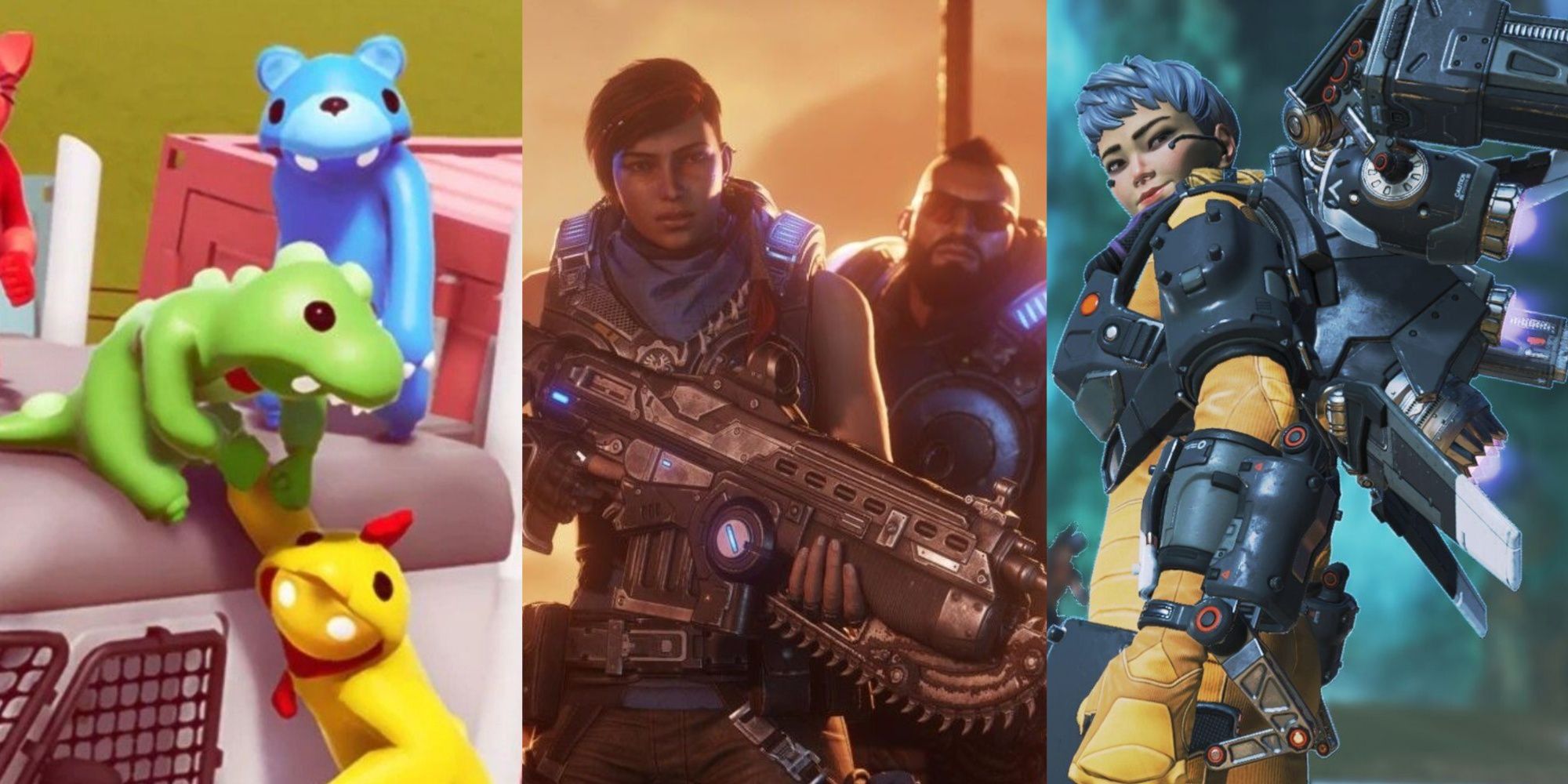 Best Action Games To Play With Friends Featured Split Image Gang Beasts, Gears 5, and Apex Legends