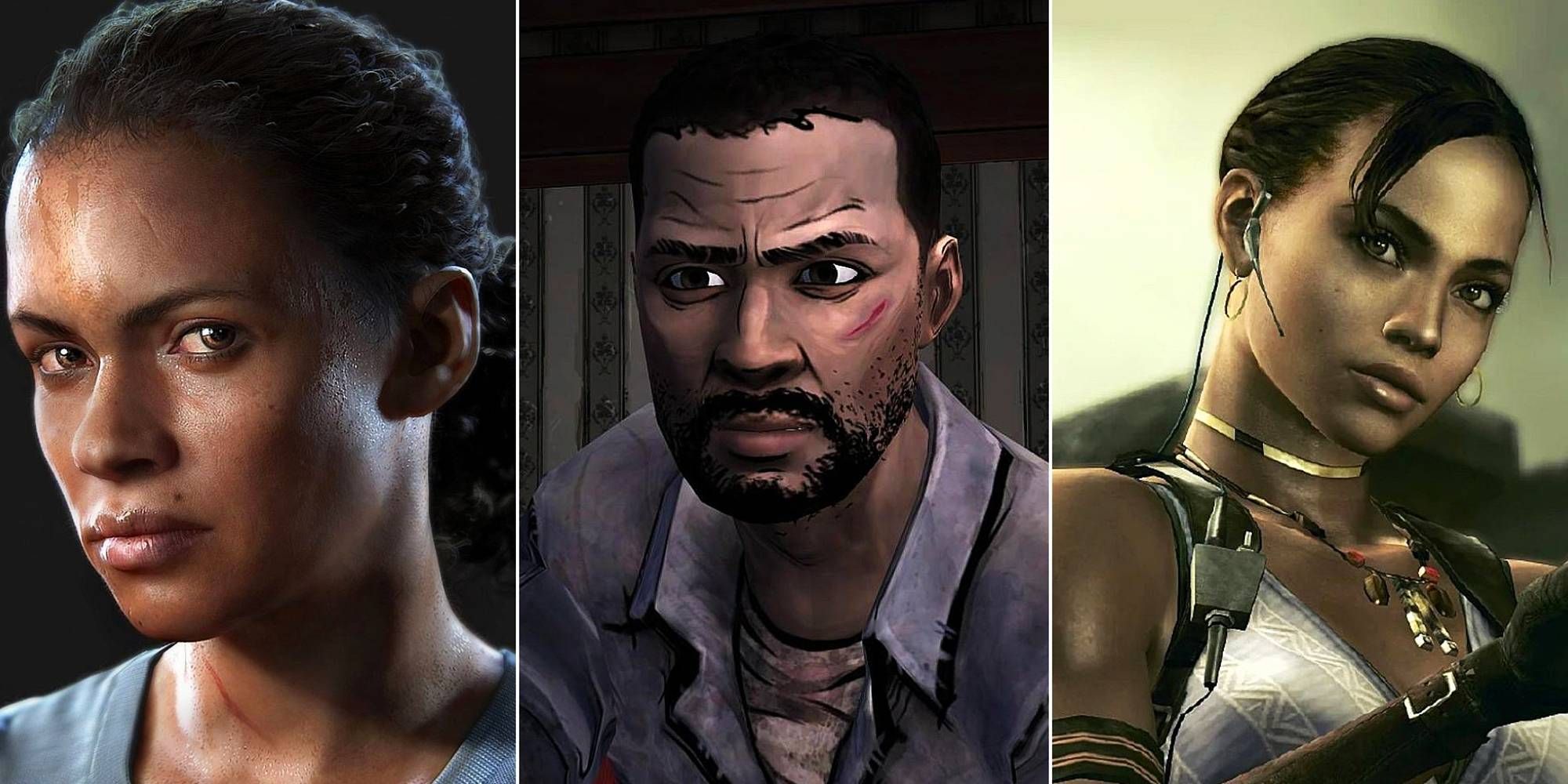 A collage image featuring Nadine Ross from Uncharted, Lee Everett from The Walking Dead and Sheva Alomar from Resident Evil 5