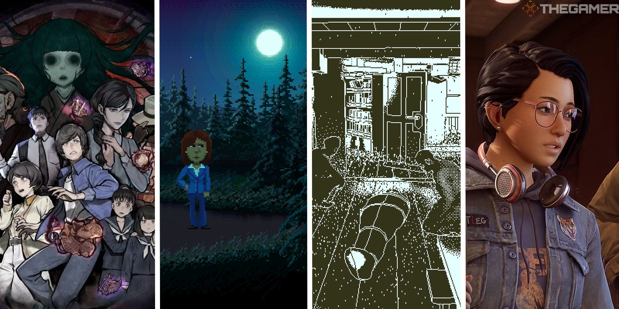 split image showing parnoraisght, thimbleweed park, obra dinn, and life is strange true colors