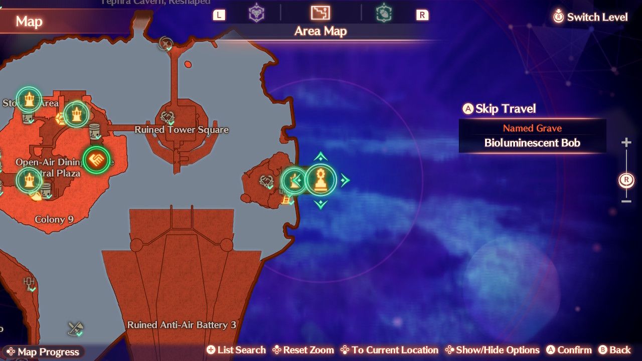 The map location of the Bioluminescent Bob in Xenoblade Chronicles 3: Future Redeemed.