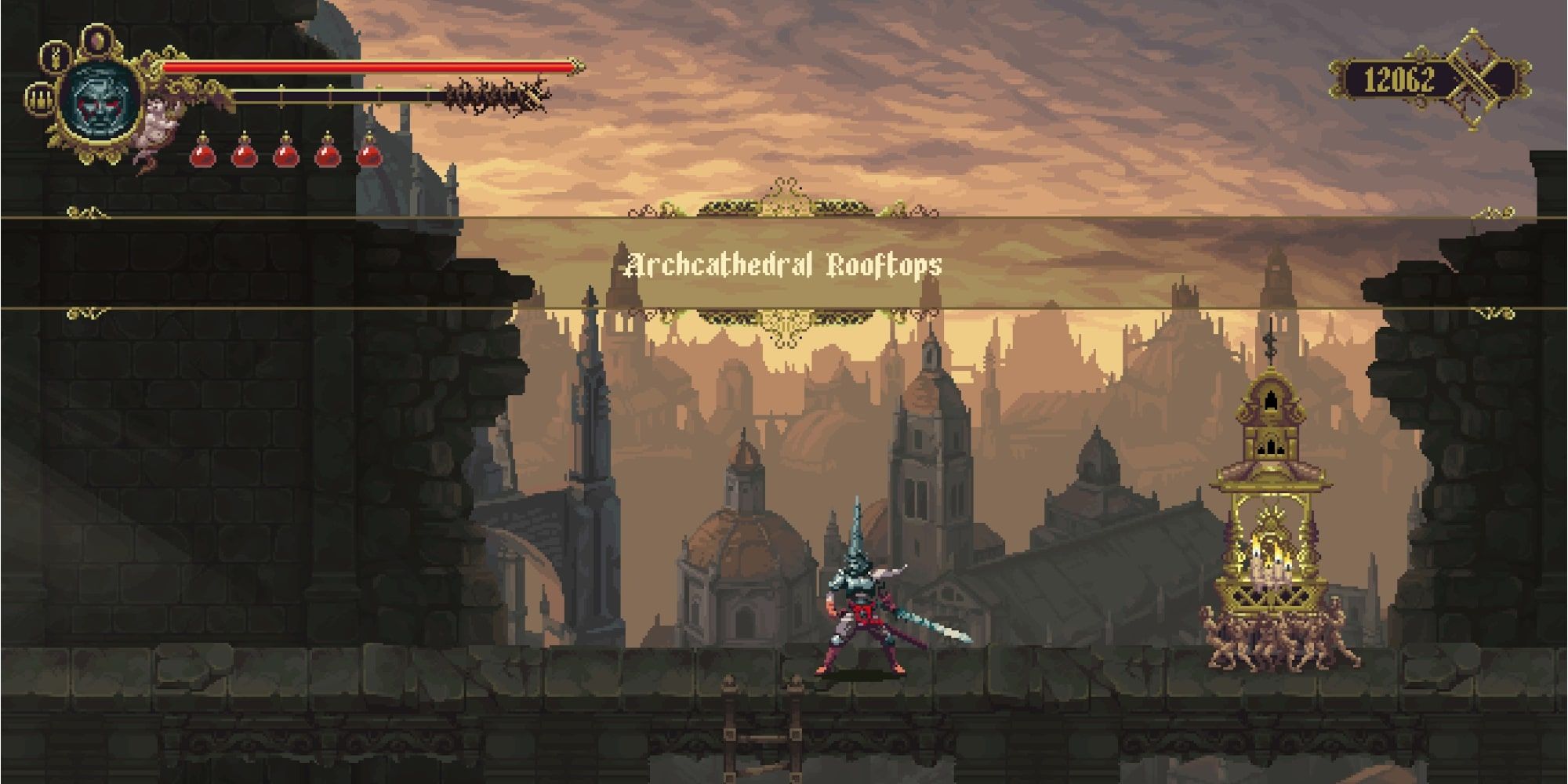 blasphemous character with sword on archcathedral rooftops