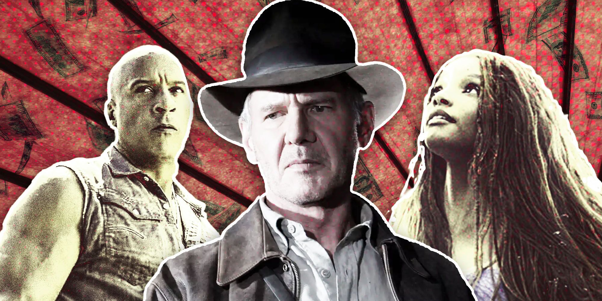 Dom Toretto, Indiana Jones, and Ariel against a red and black background.