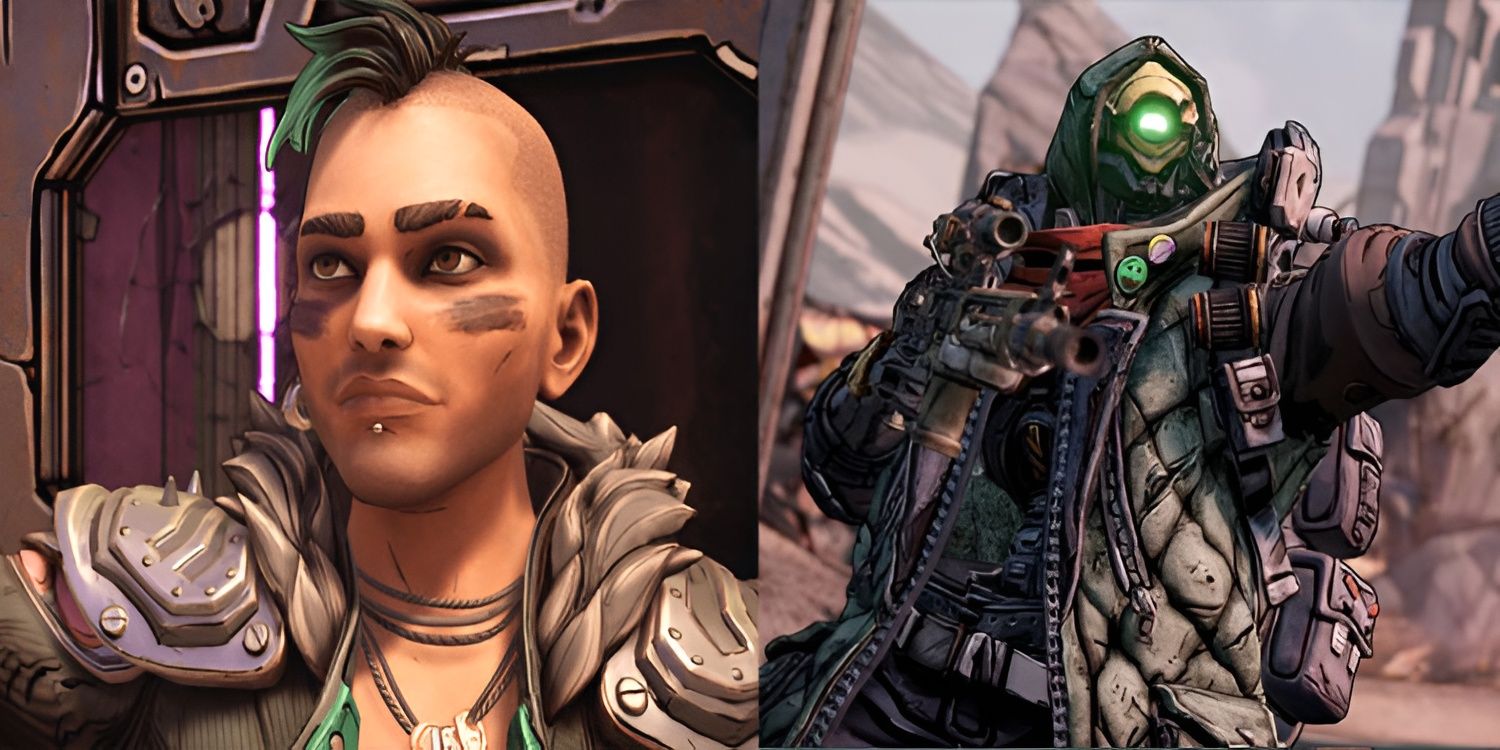 A Borderlands collage showing trans mask hunter Lora wearing spiked armor and a green gradient mohawk, next to a non-binary FL4K robot wearing a puffer jacket and a large ammo canister.