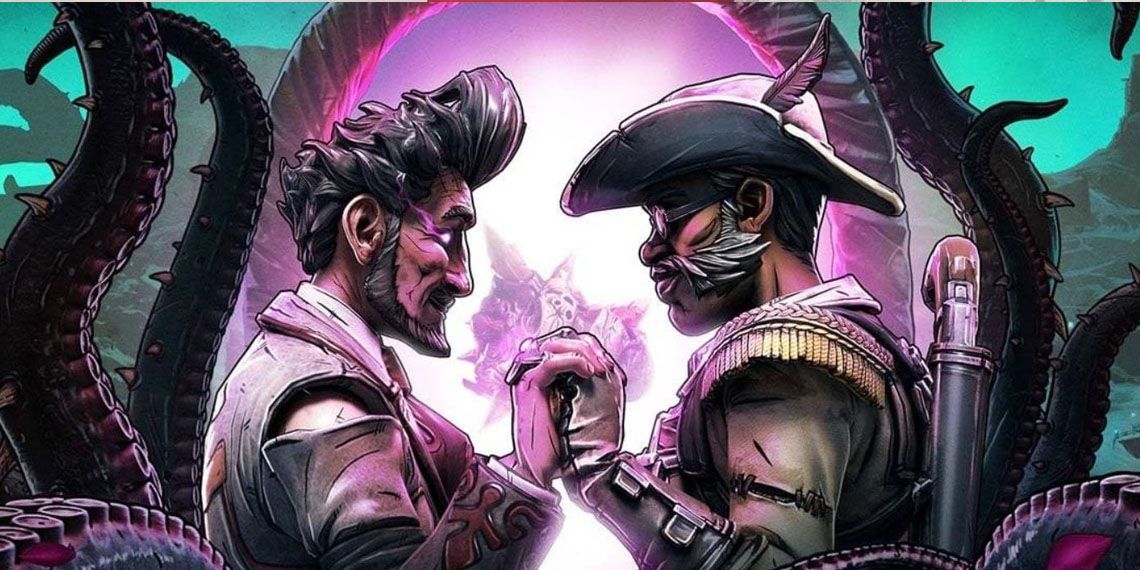 Borderlands 3 promo image for the DLC, Guns, Love, and Tentacles. It depicts Alistair Hammerlock and Wainwright Jakobs holding hands and looking into each others eyes lovingly, surrounding them is a magical pink portal and a bunch of tantacles.
