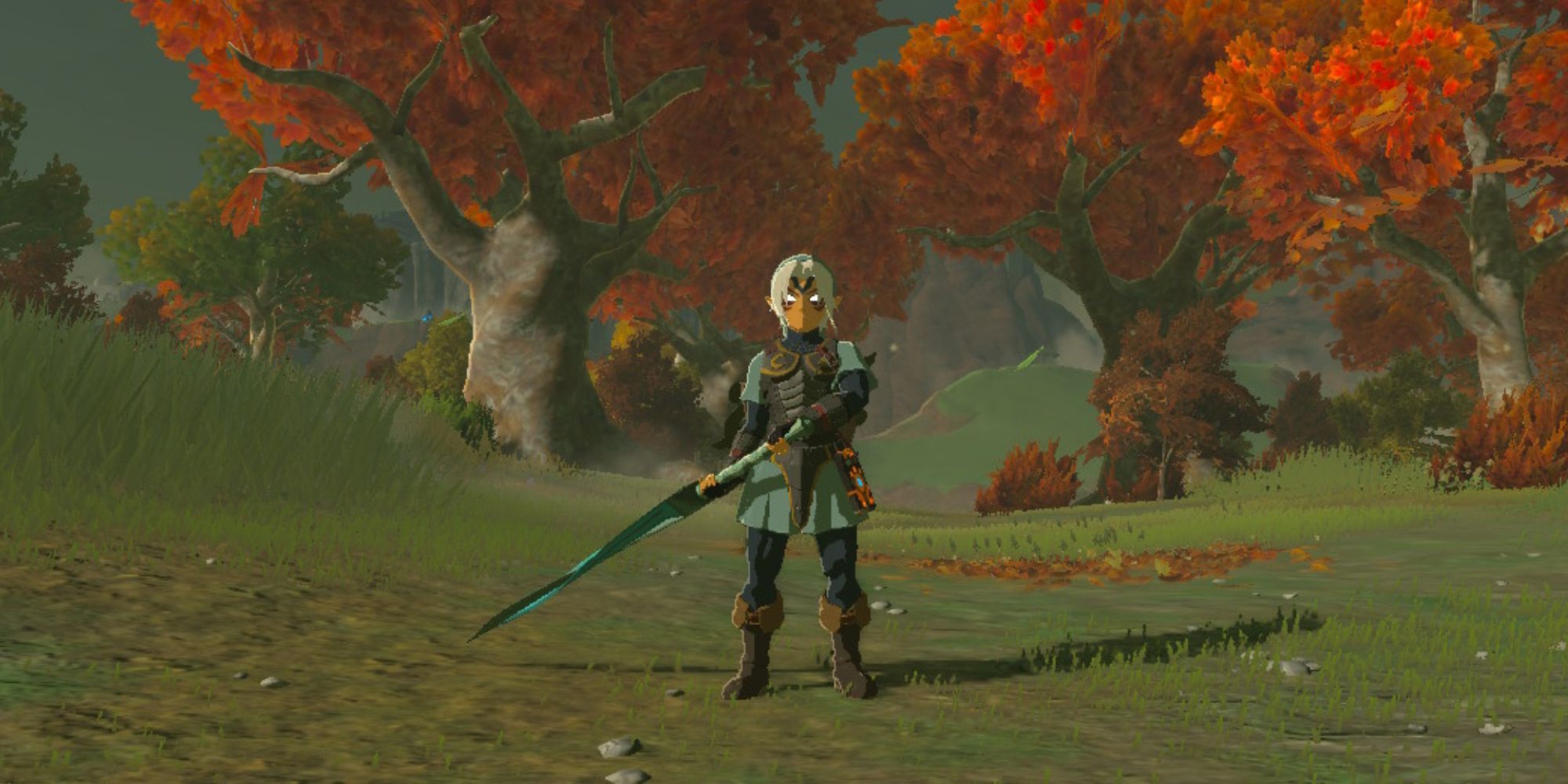 Link holds the Fierce Deity Sword by some trees while wearing the Fierce Deity Set