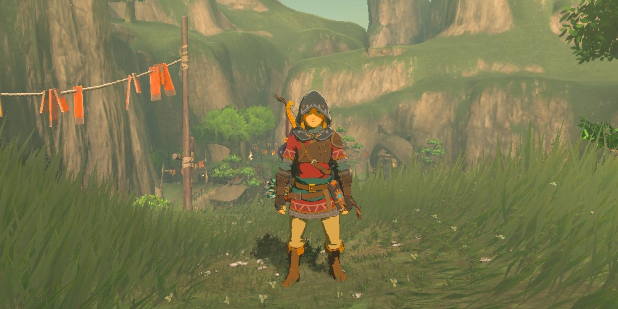 Link stands by some tall grass while wearing the Hylian Set