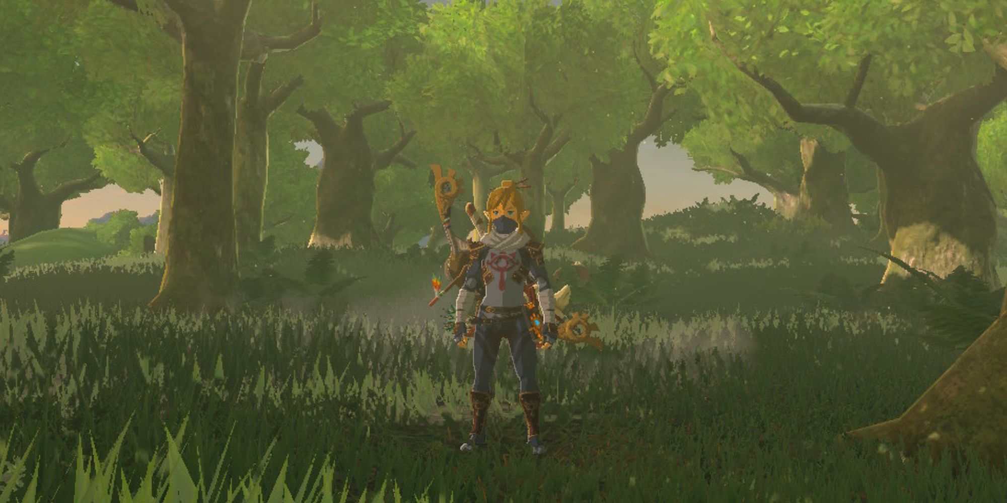 Link stands in a forest while wearing the Stealth Set