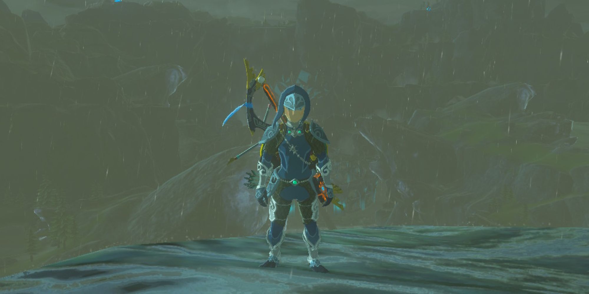 Link stands on the edge of a cliff while wearing the Zora Set
