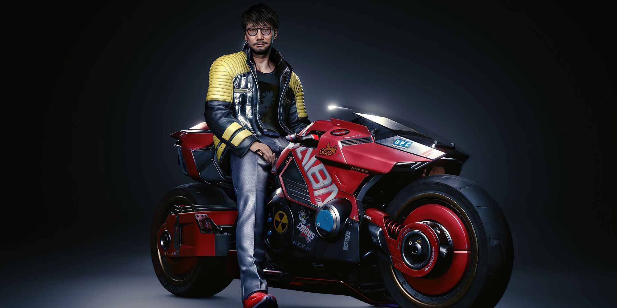 Hideo Kojima Riding a Yaiba Kusanagi motorbike in Cyberpunk 2077,