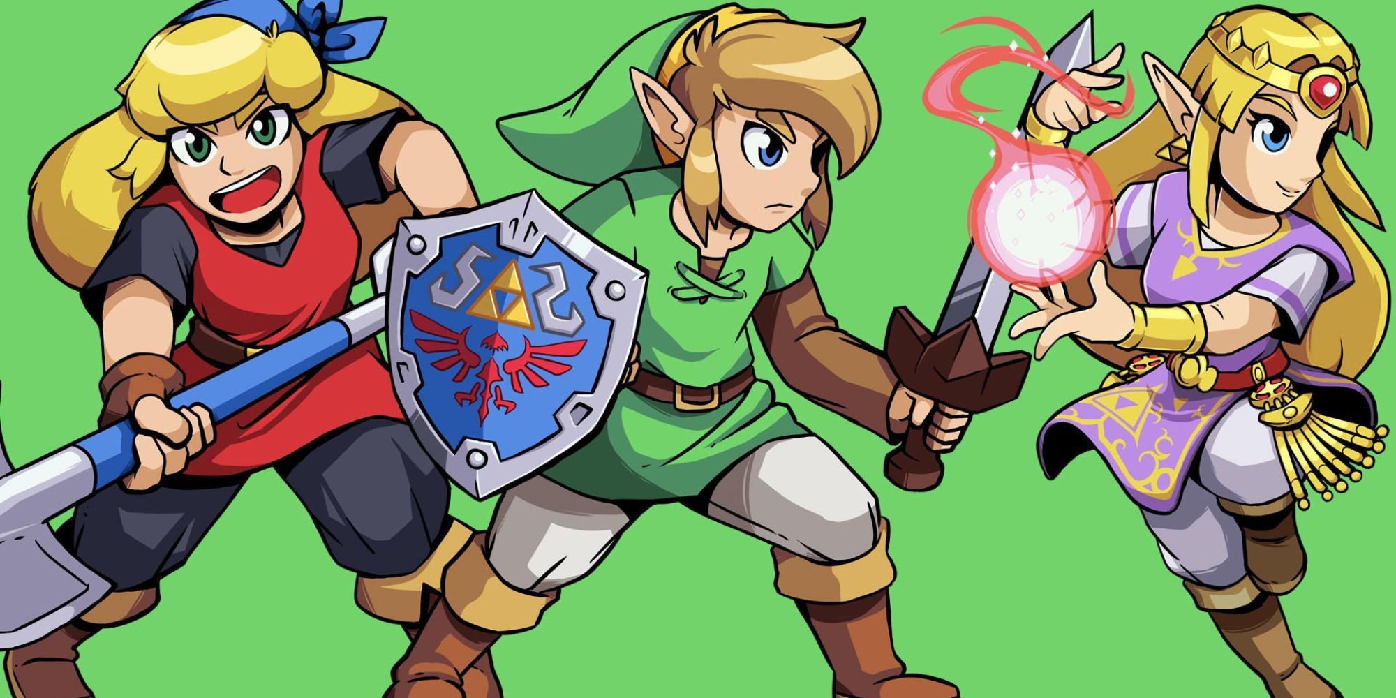 Cadence, Link, and Zelda pose in front of a green background