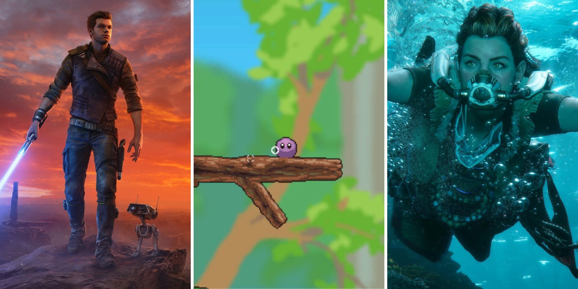 A collage in which Cal Kestis walks with his lightsaber, Buddy sits on a branch, and Aloy swims through the ocean.