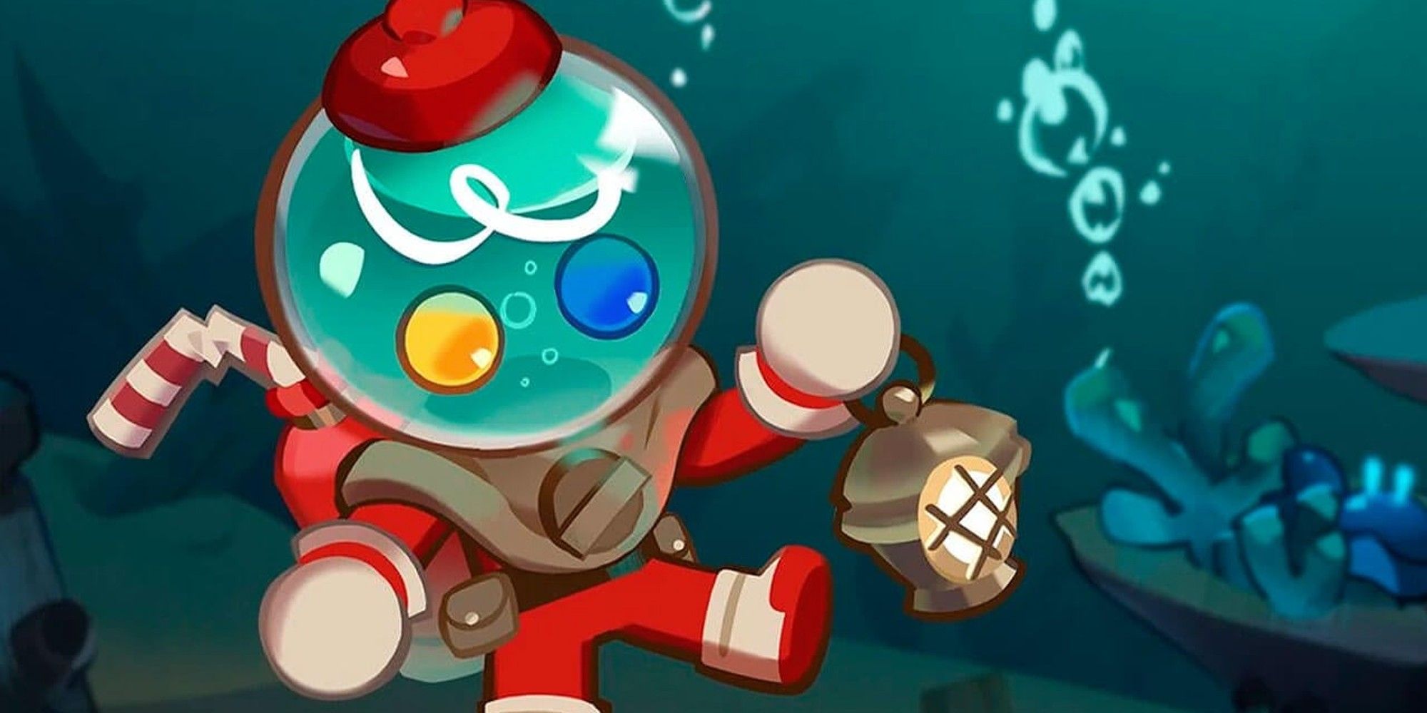Candy Diver Cookie is the dark underwater and holding a lantern