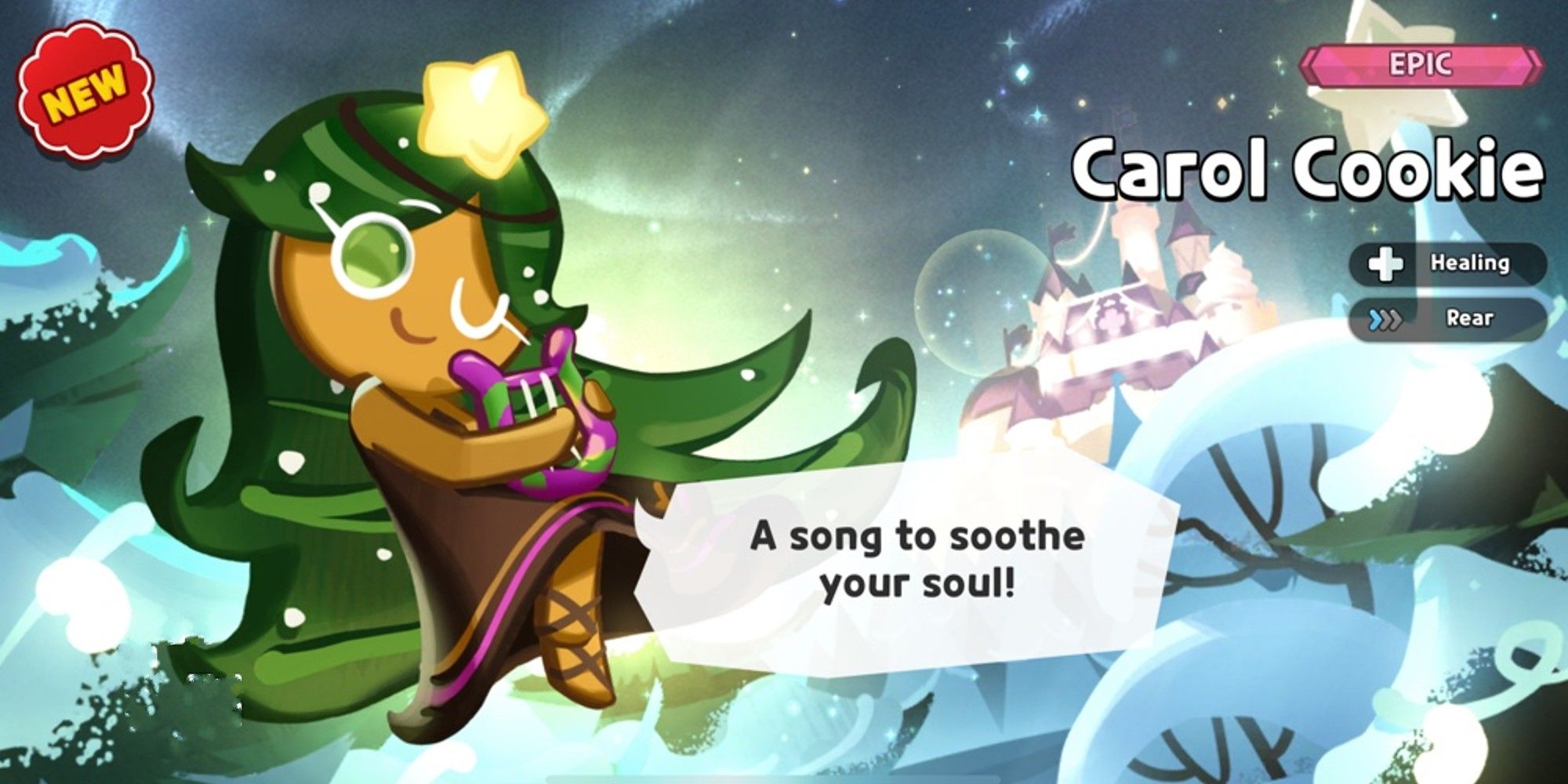 carol cookie plays her lyre while dancing among the pines