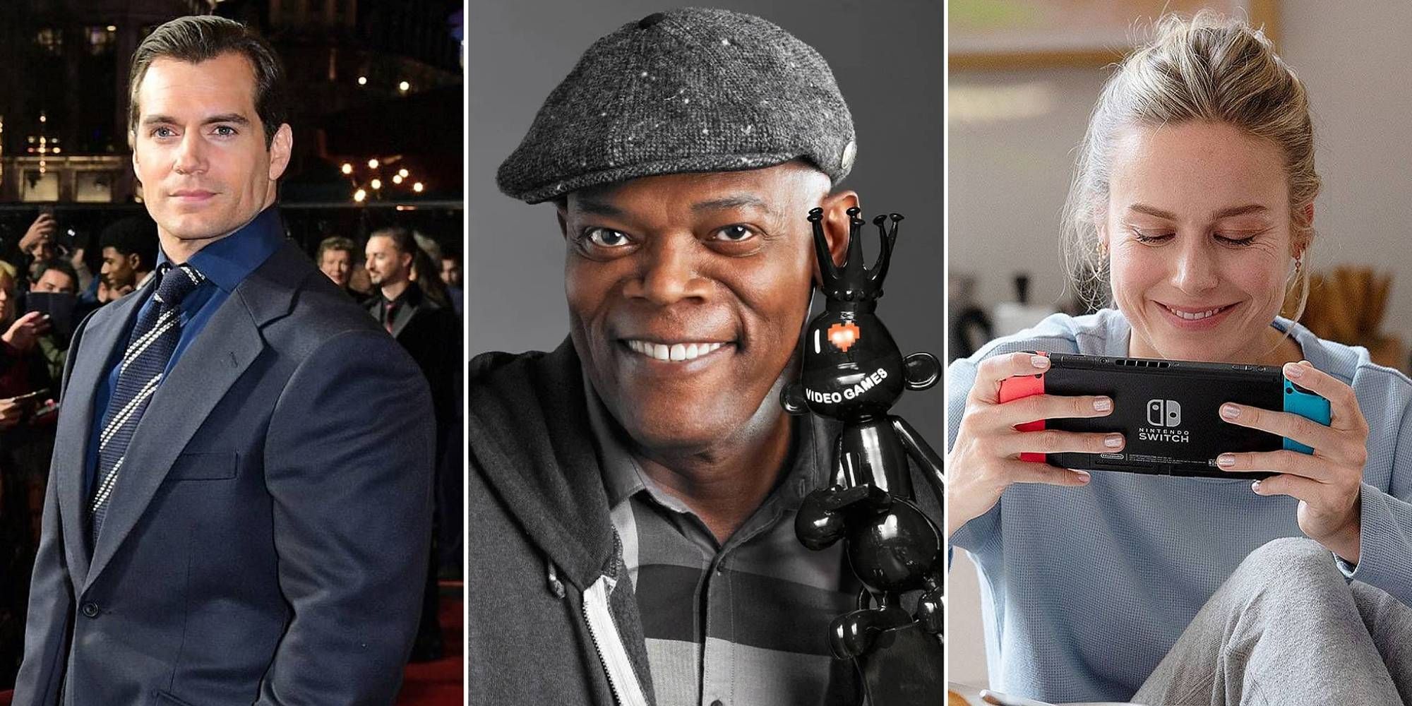 A collage of Henry Cavill, Samuel L Jackson, and Brie Larson 
