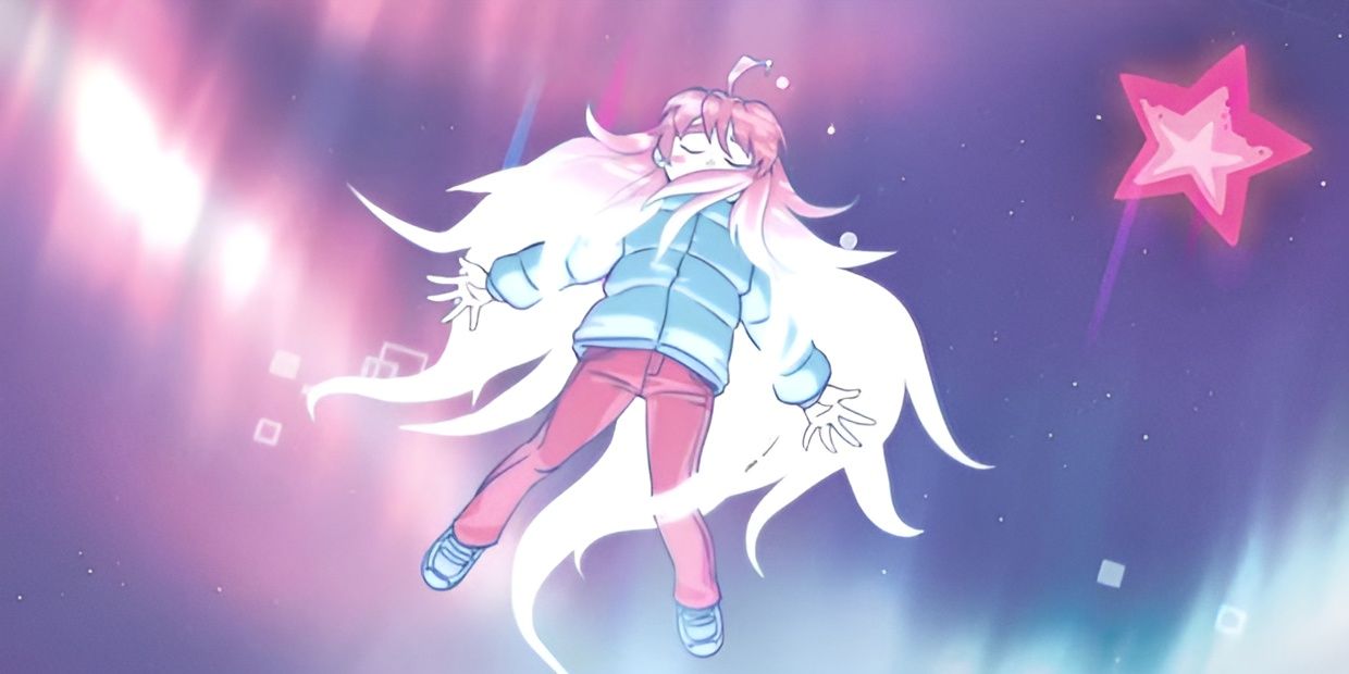 Promotional image from Celeta's soundtrack, showing the protagonist Madaline floating in a colorful night sky with shades of blue, pink and purple.