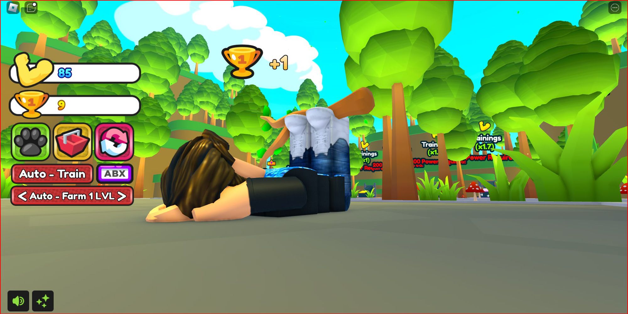 A roblox person lifts a twig with their legs during a Forest challenge in Strong Leg Simulator