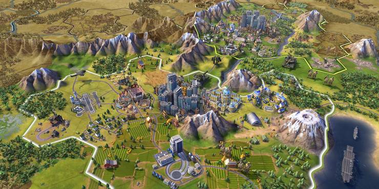 An isometric view of cities and mountains